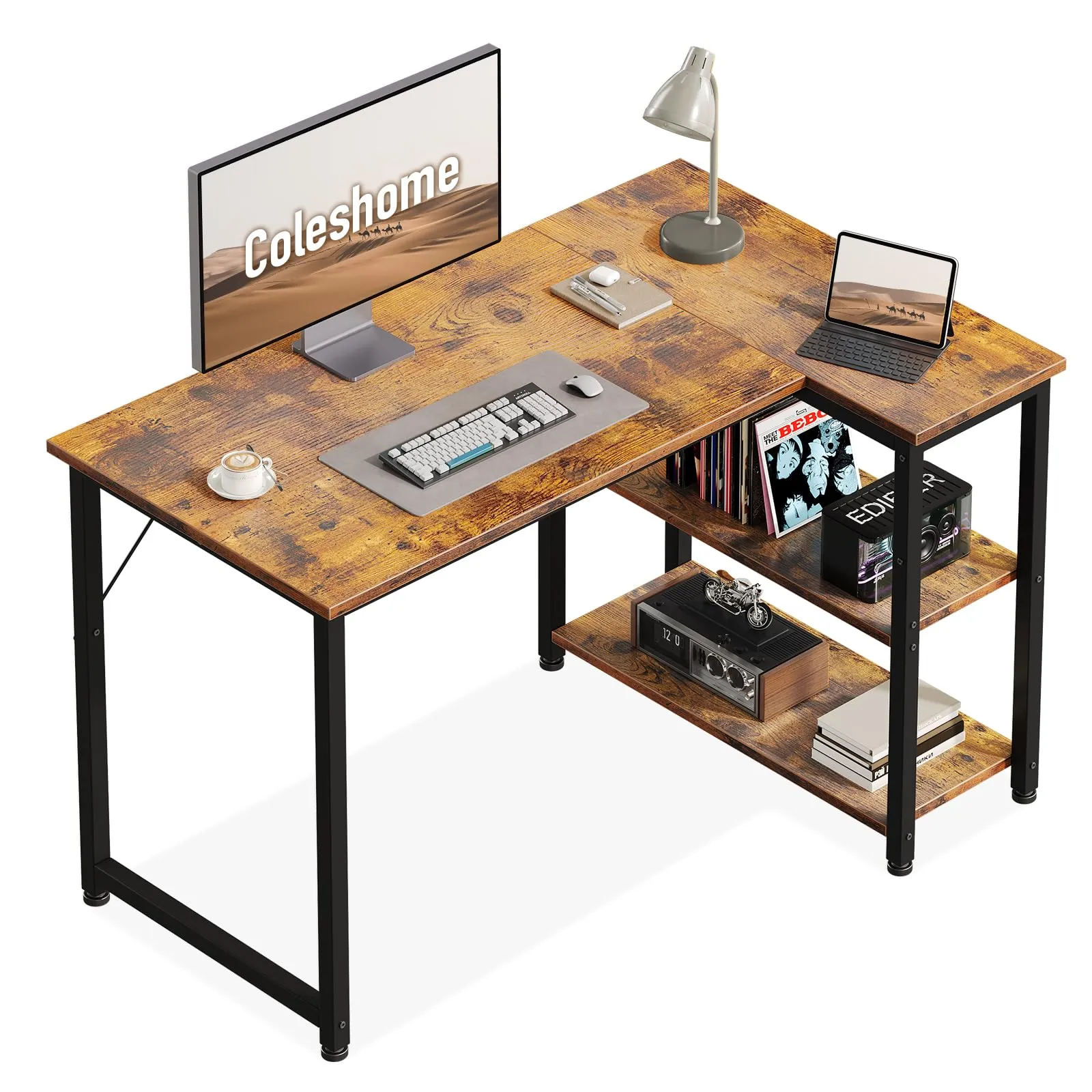 Coleshome Scrivania Angolare con Libreria, 100 × 70 cm, Marrone - immagine 1