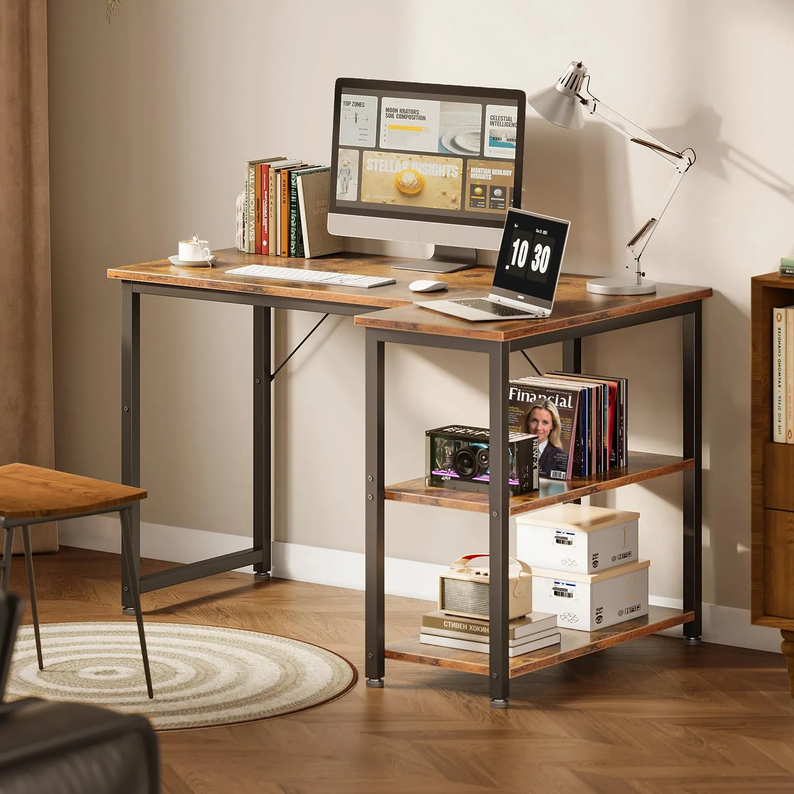 Coleshome Scrivania Angolare con Libreria, 100 × 70 cm, Marrone - immagine 2