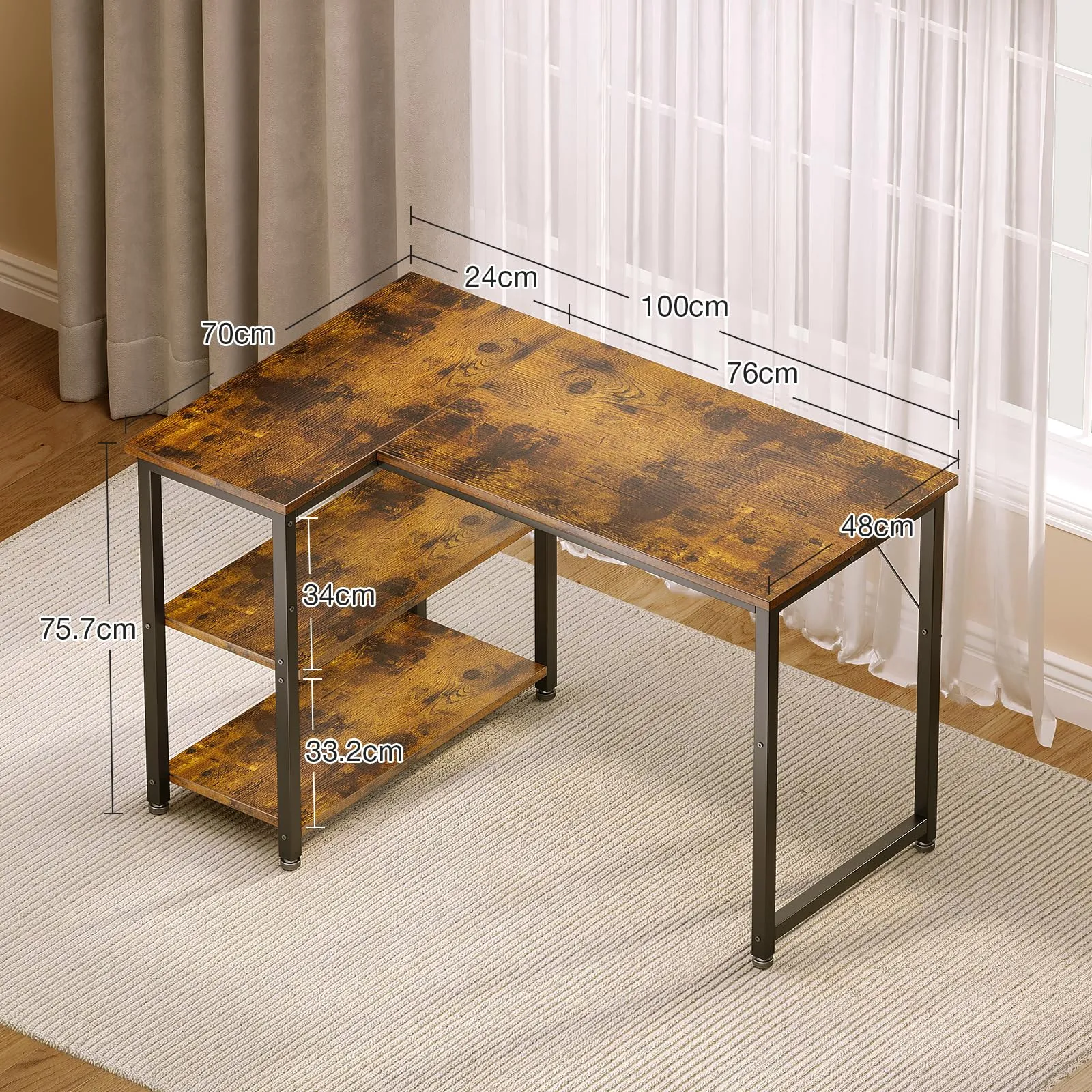 Coleshome Scrivania Angolare con Libreria, 100 × 70 cm, Marrone - immagine 4
