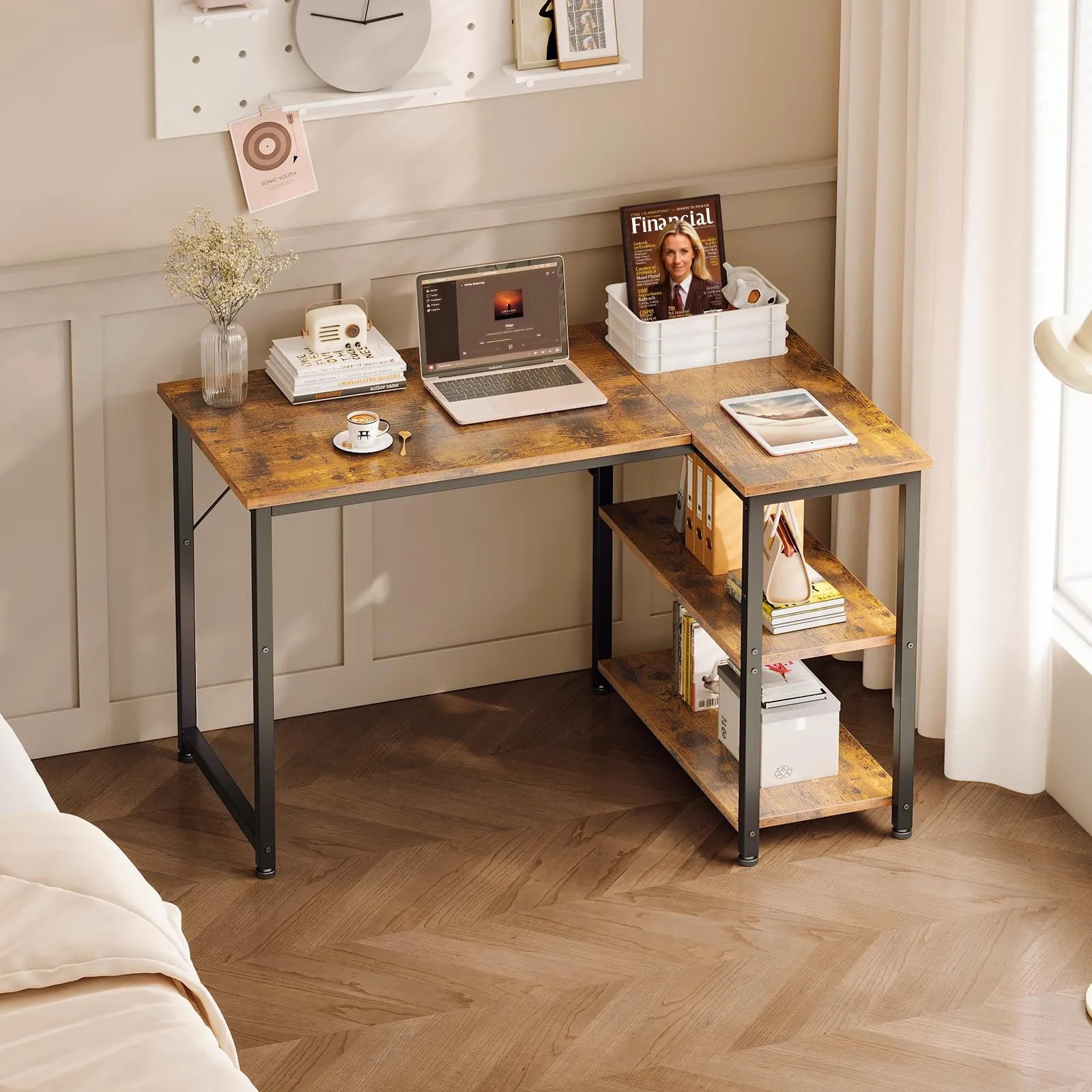 Coleshome Scrivania Angolare con Libreria, 100 × 70 cm, Marrone - immagine 7