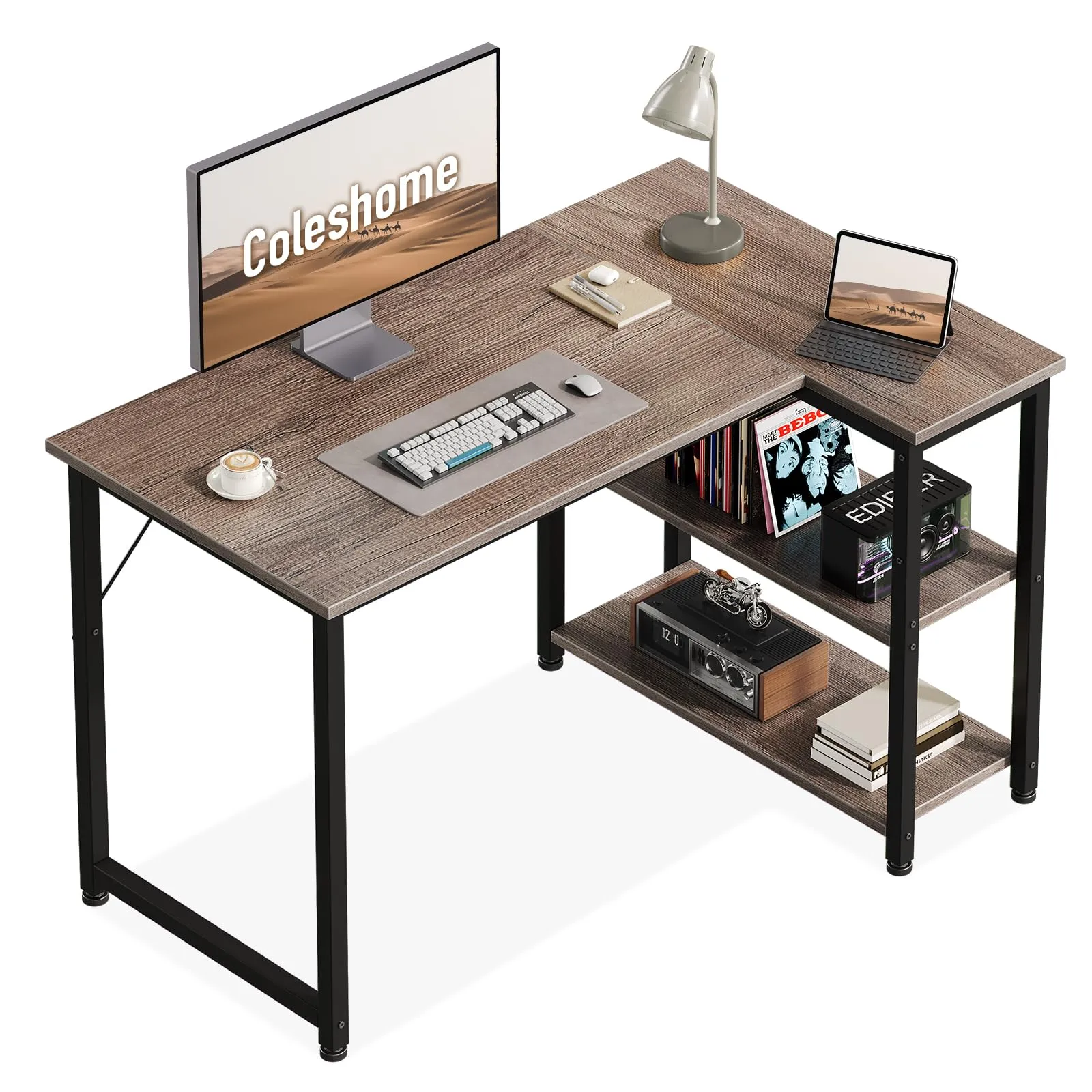 Coleshome Scrivania Angolare con Libreria Reversibile, 100 x 70 cm, Grigia - immagine 1