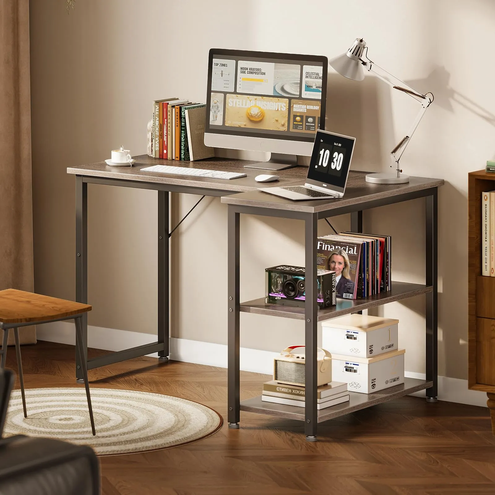 Coleshome Scrivania Angolare con Libreria Reversibile, 100 x 70 cm, Grigia - immagine 2