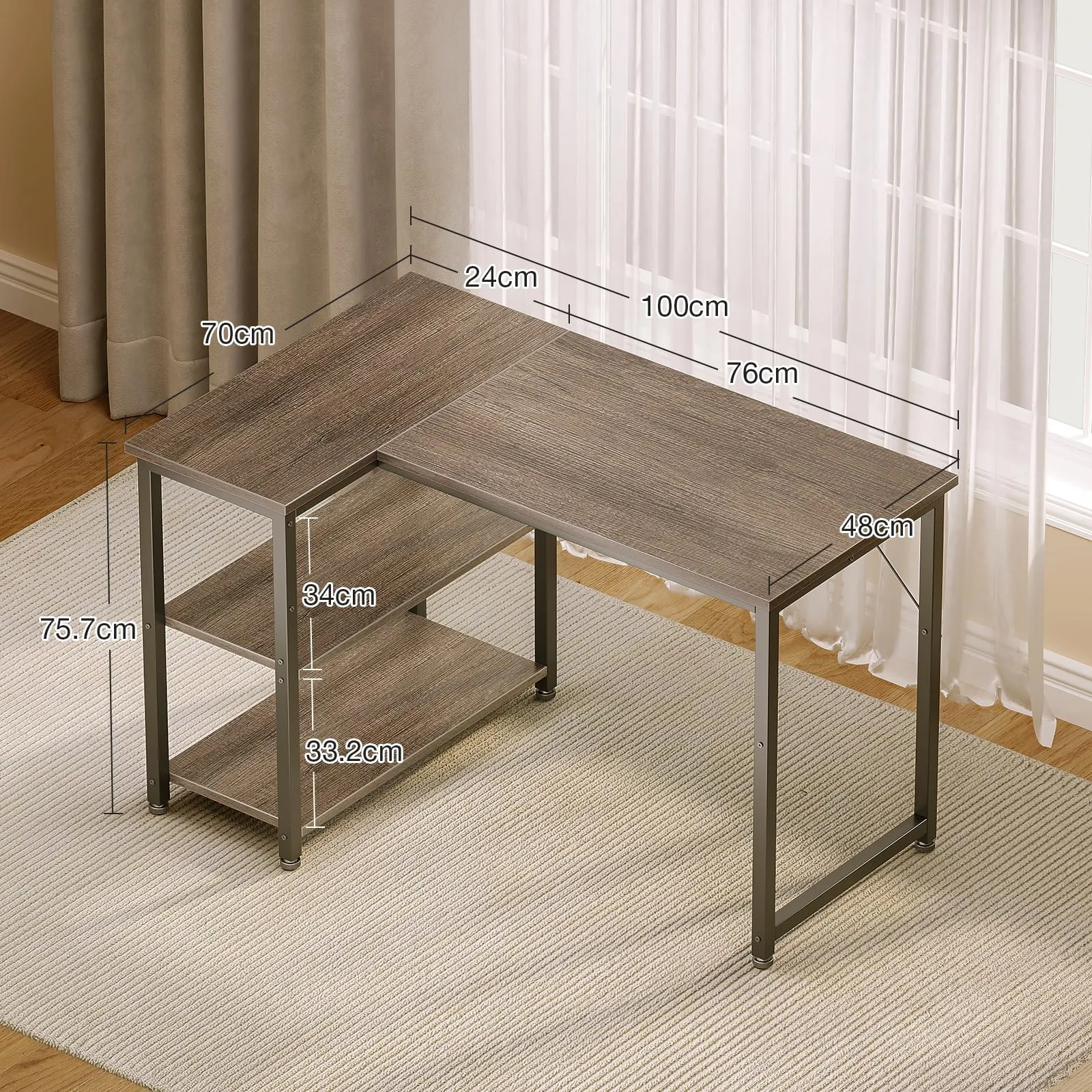 Coleshome Scrivania Angolare con Libreria Reversibile, 100 x 70 cm, Grigia - immagine 4