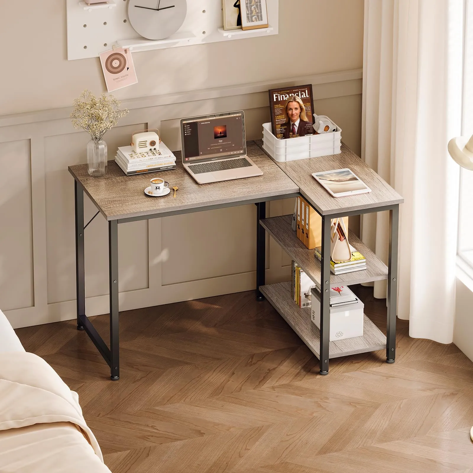Coleshome Scrivania Angolare con Libreria Reversibile, 100 x 70 cm, Grigia - immagine 7