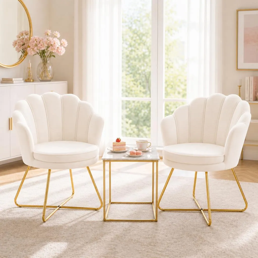 Hellove Set di 2 Poltrone Conchiglia in Velluto con Gambe in Metallo Placcato Oro, Beige - immagine 1