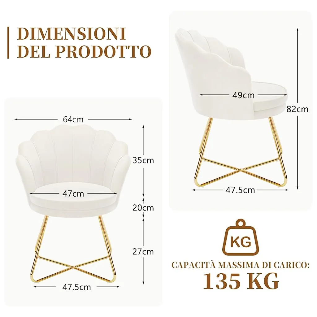 Hellove Set di 2 Poltrone Conchiglia in Velluto con Gambe in Metallo Placcato Oro, Beige - immagine 2