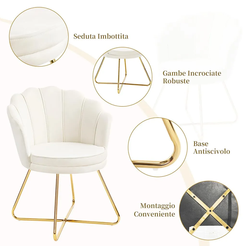 Hellove Set di 2 Poltrone Conchiglia in Velluto con Gambe in Metallo Placcato Oro, Beige - immagine 4