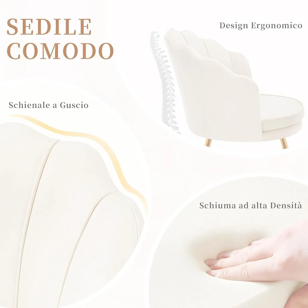 Hellove Set di 2 Poltrone Conchiglia in Velluto con Gambe in Metallo Placcato Oro, Beige - immagine 5