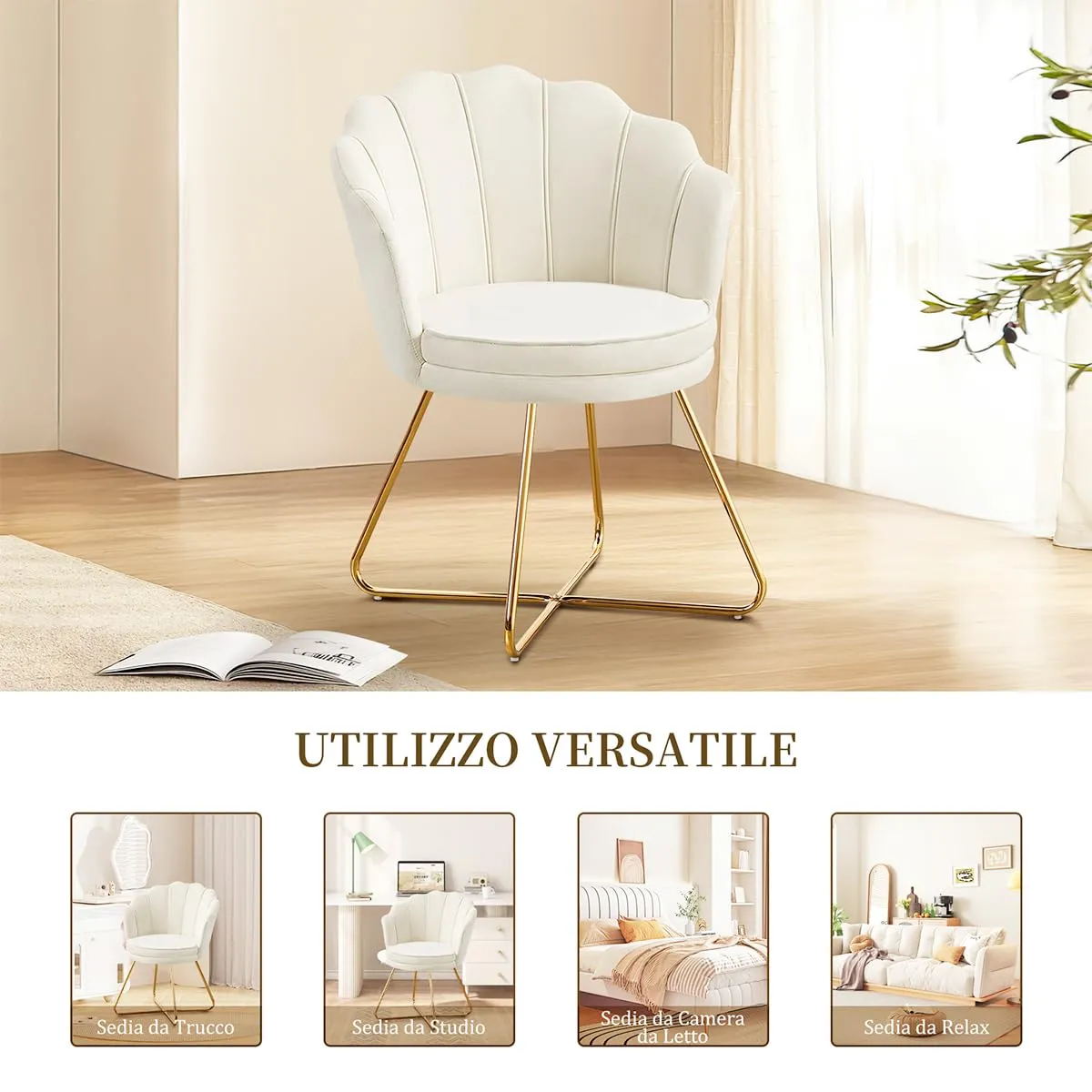 Hellove Set di 2 Poltrone Conchiglia in Velluto con Gambe in Metallo Placcato Oro, Beige - immagine 7
