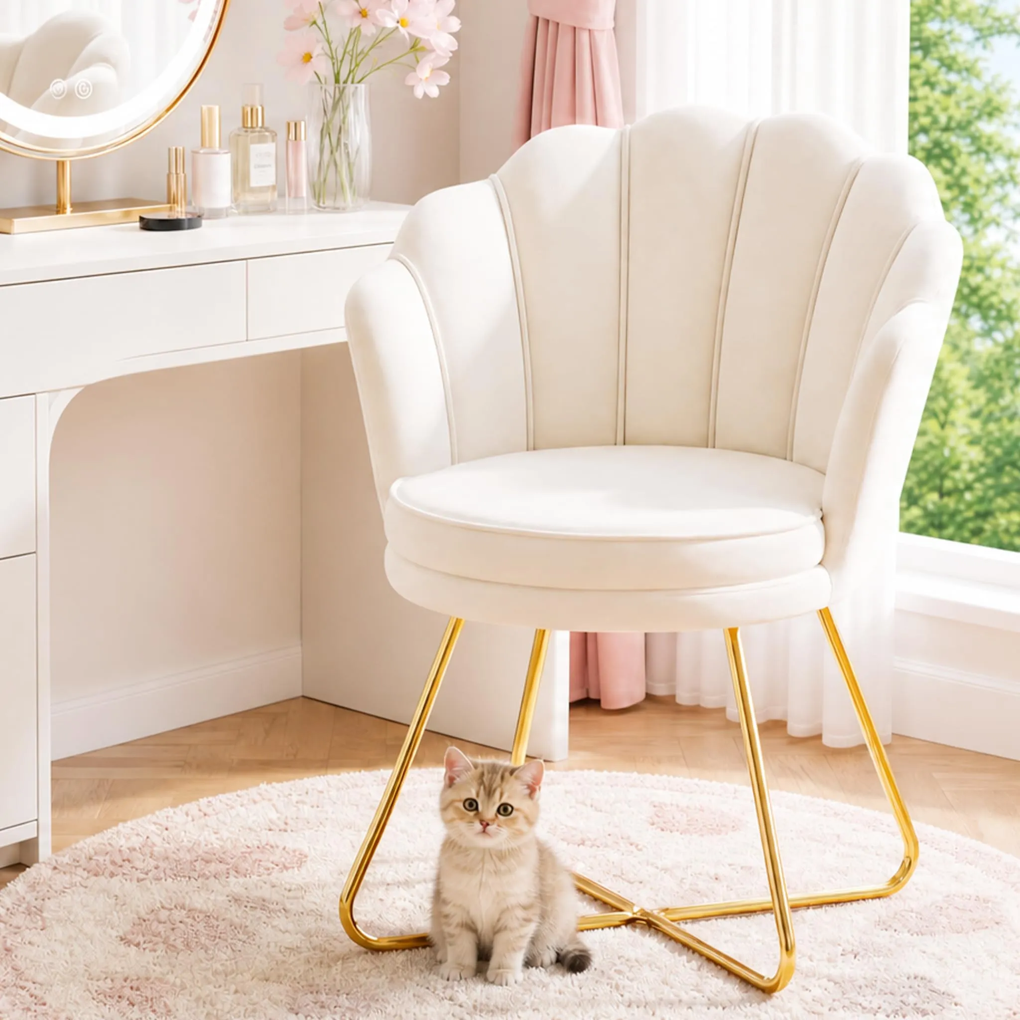 Hellove Set di 2 Poltrone Conchiglia in Velluto con Gambe in Metallo Placcato Oro, Beige - immagine 9