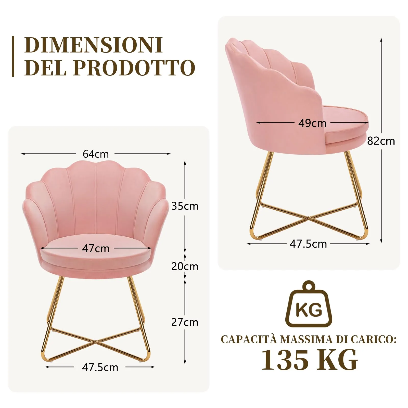 Hellove Set di 2 Poltrone a Conchiglia in Velluto con Gambe in Metallo Placcato Oro, Rosa - immagine 2