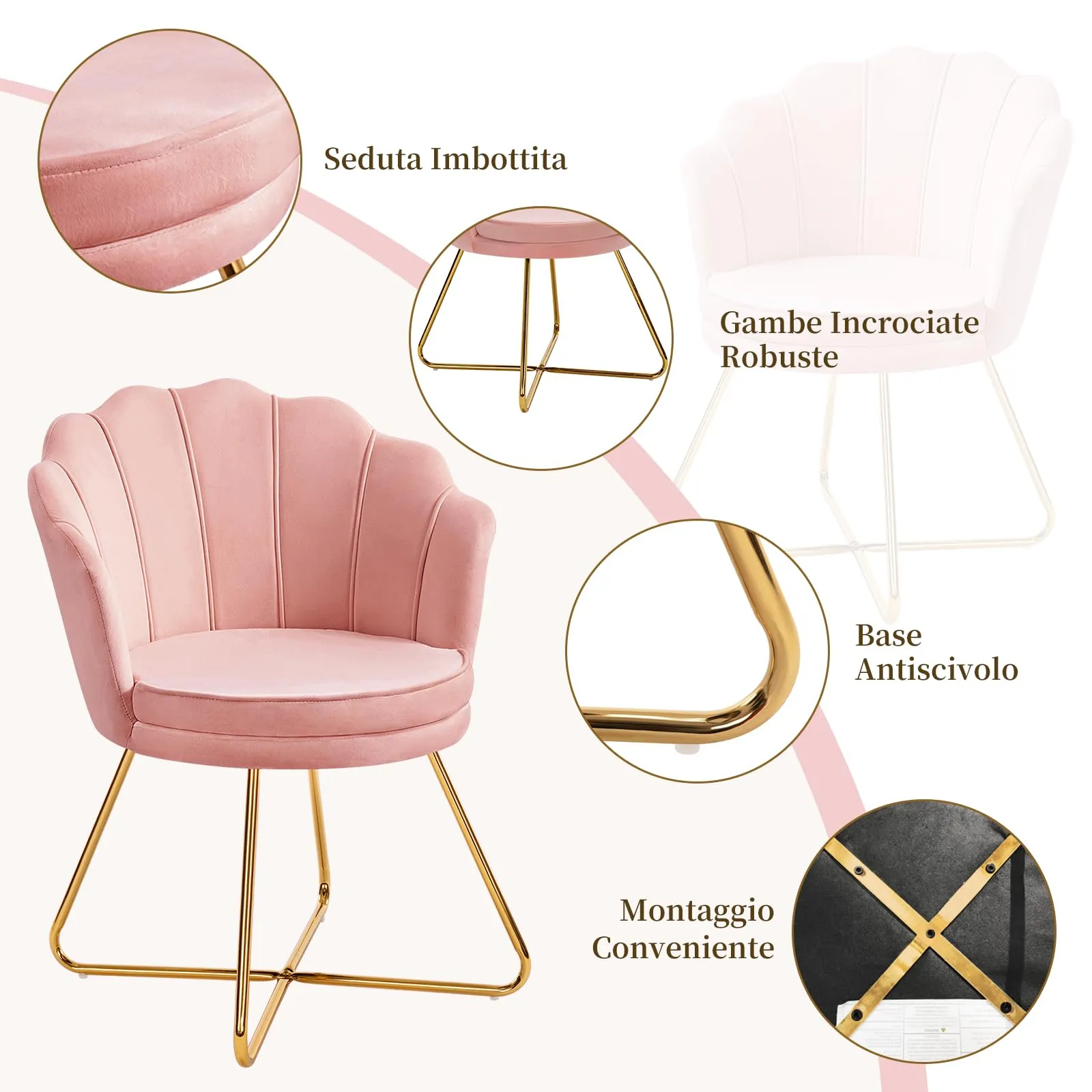 Hellove Set di 2 Poltrone a Conchiglia in Velluto con Gambe in Metallo Placcato Oro, Rosa - immagine 4