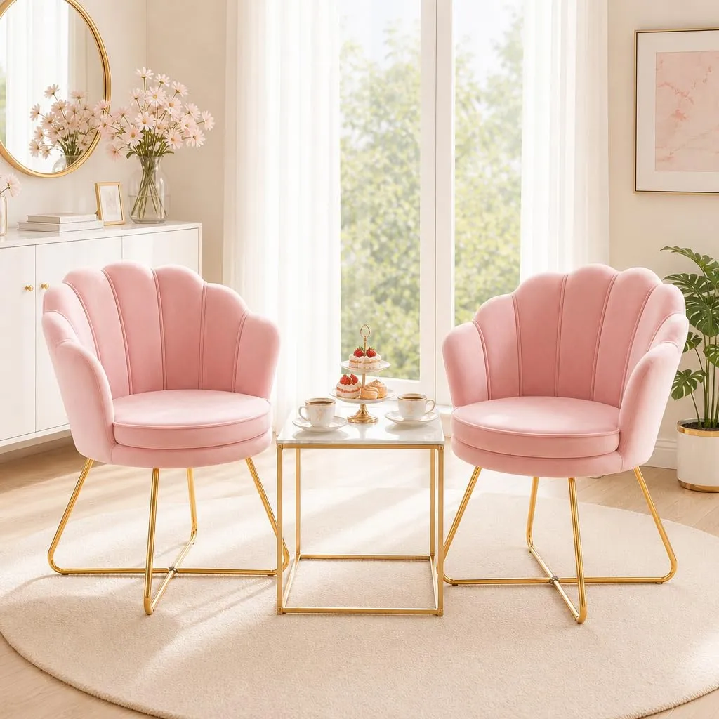 Hellove Set di 2 Poltrone a Conchiglia in Velluto con Gambe in Metallo Placcato Oro, Rosa - immagine 10