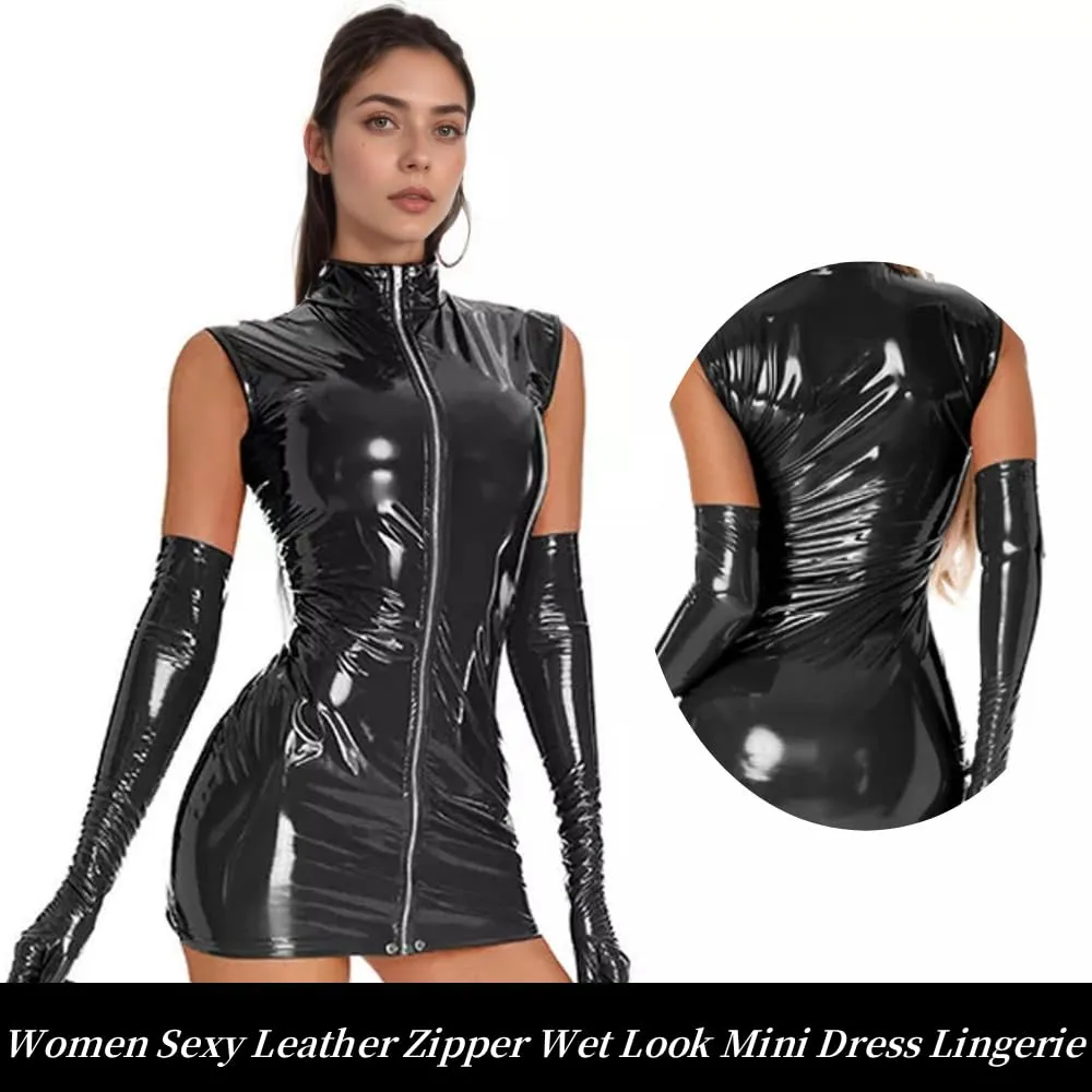 PARUPRUP Donna Mini Vestito Latex Wetlook con Cerniera Frontale - Nero, M - immagine 3