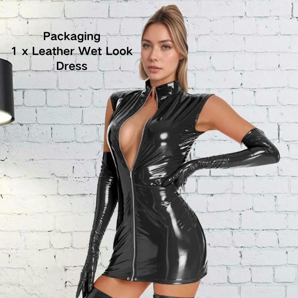 PARUPRUP Donna Mini Vestito Latex Wetlook con Cerniera Frontale - Nero, M - immagine 5