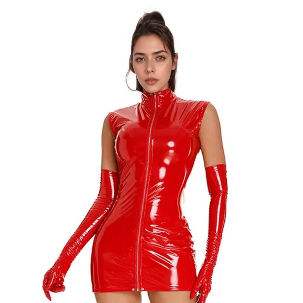 PARUPRUP Donna Mini Vestito Latex Wetlook con Cerniera Frontale (Rosso, S) - immagine 1
