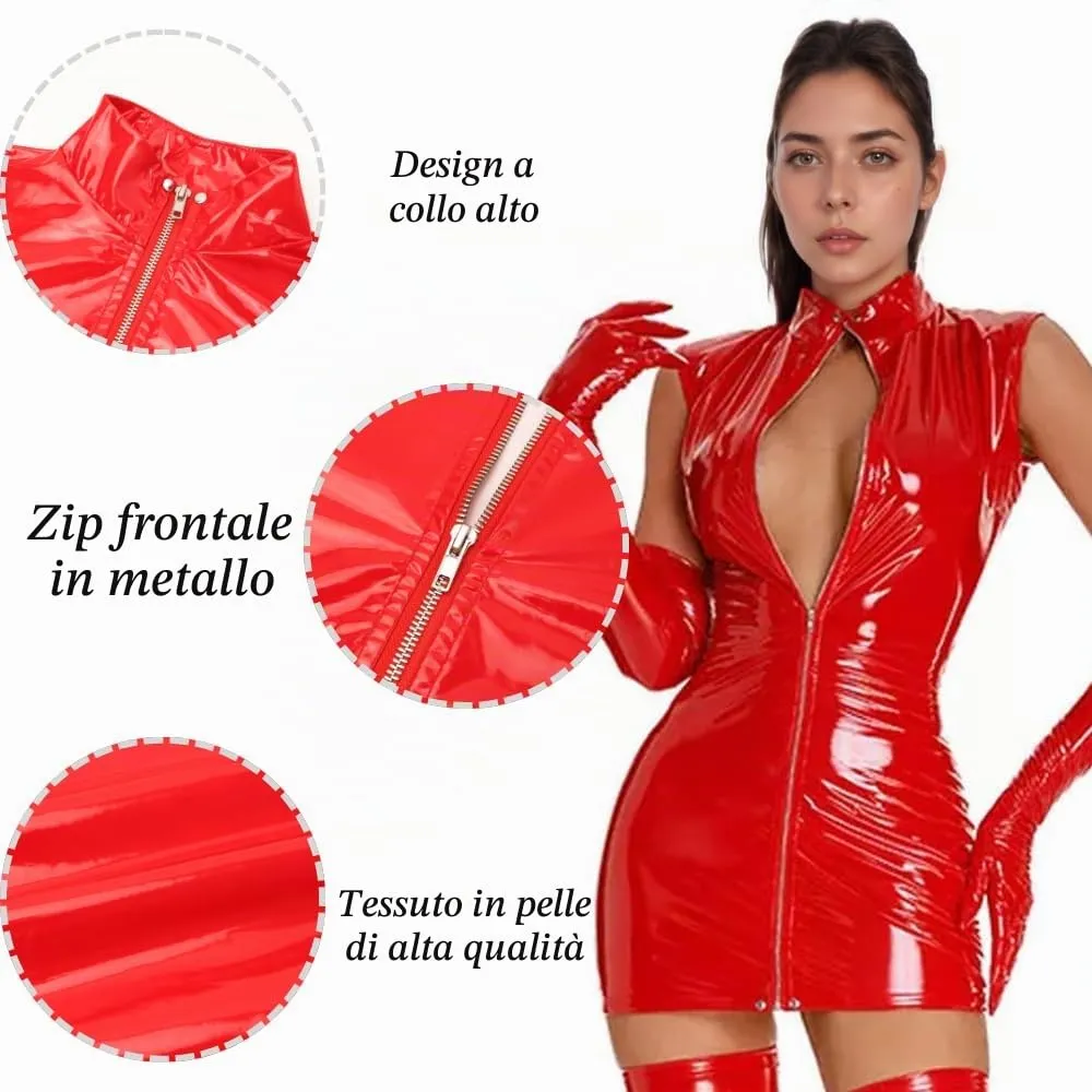 PARUPRUP Donna Mini Vestito Latex Wetlook con Cerniera Frontale (Rosso, S) - immagine 4
