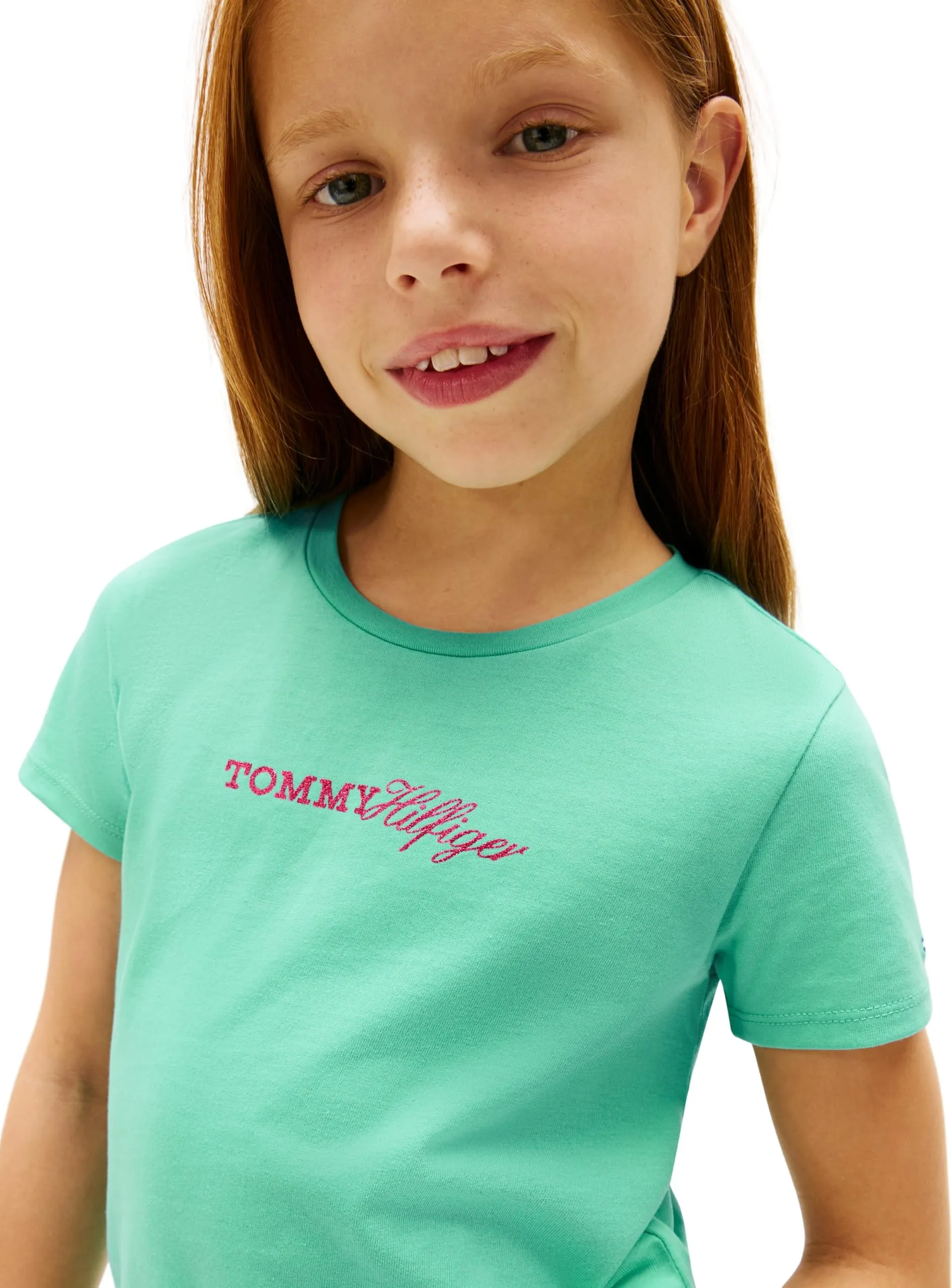 Tommy Hilfiger Bambina T-Shirt Maniche Corte Script Slim Fit, Verde (Tropical Tide), 8 Anni - immagine 3