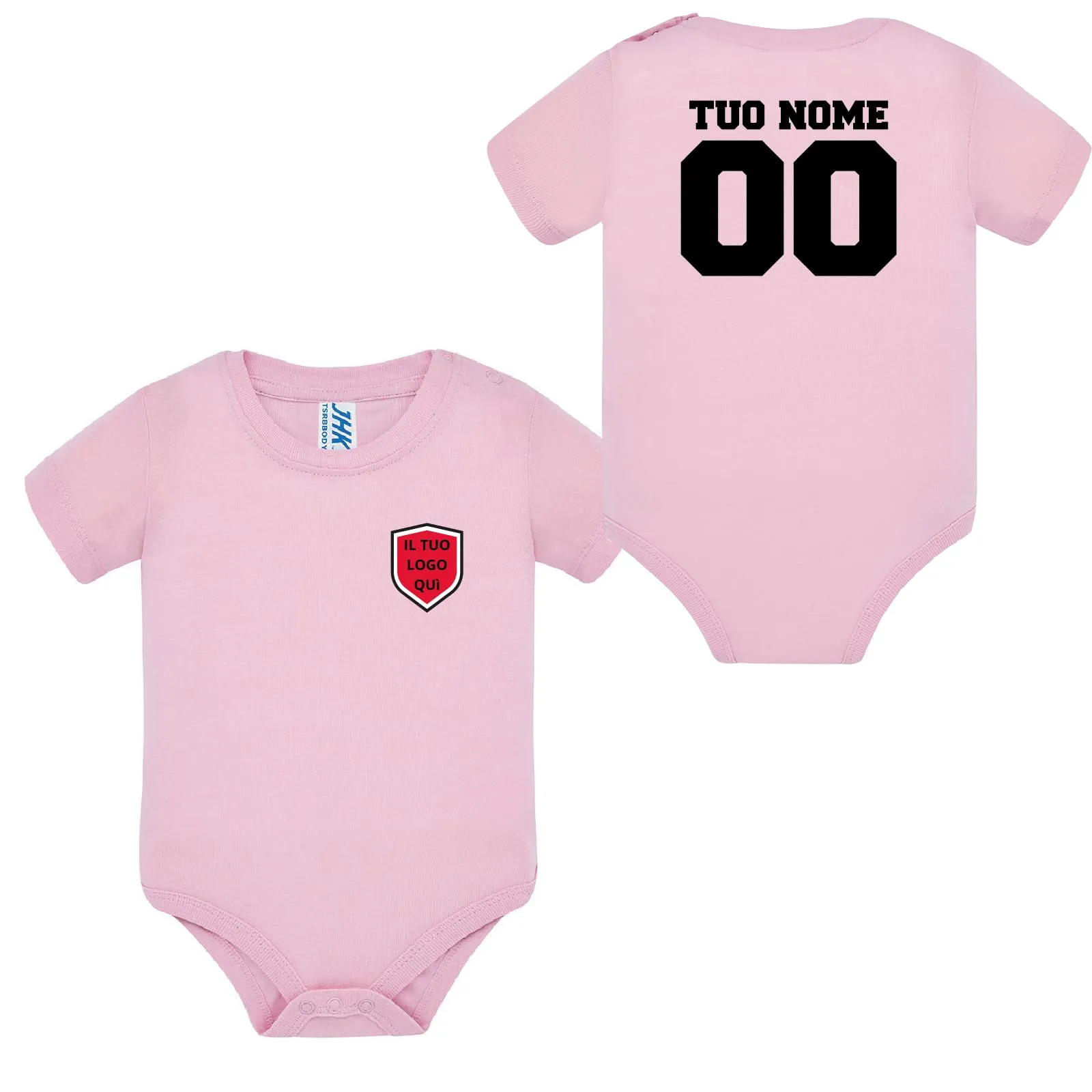 D&Vlab Body Bodino Personalizzato Nome Numero Squadra Logo in Cotone per Neonato (Rosa) - immagine 1