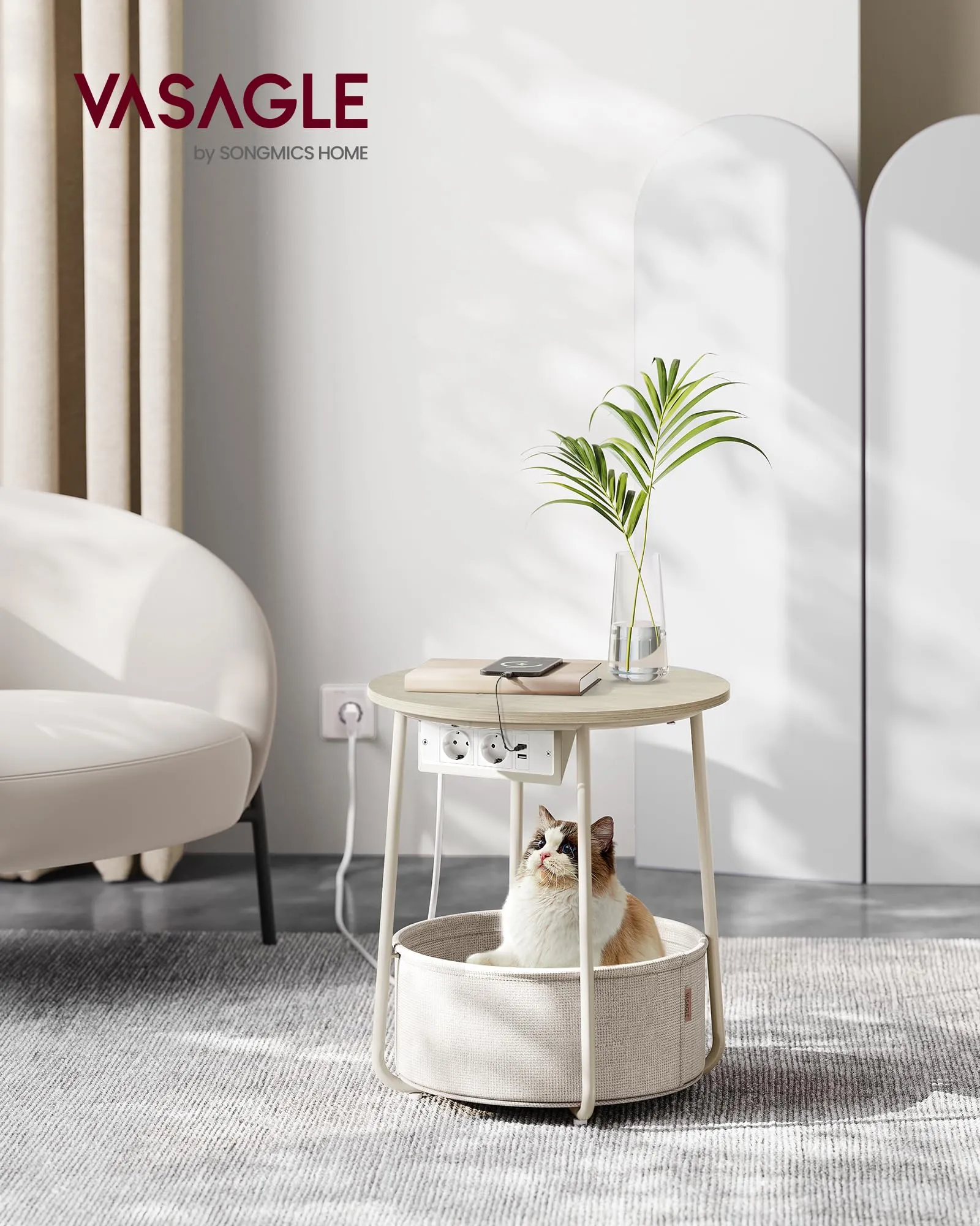 VASAGLE Lilea Tavolino Rotondo con Cestino in Tessuto e Multipresa, Beige Naturale e Bianco Crema LET228LL01 - immagine 2