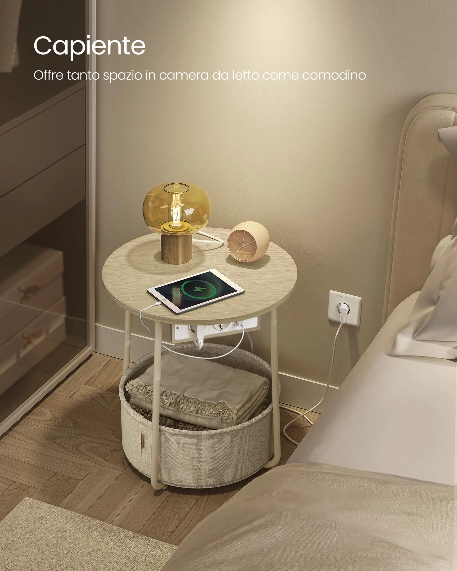 VASAGLE Lilea Tavolino Rotondo con Cestino in Tessuto e Multipresa, Beige Naturale e Bianco Crema LET228LL01 - immagine 3