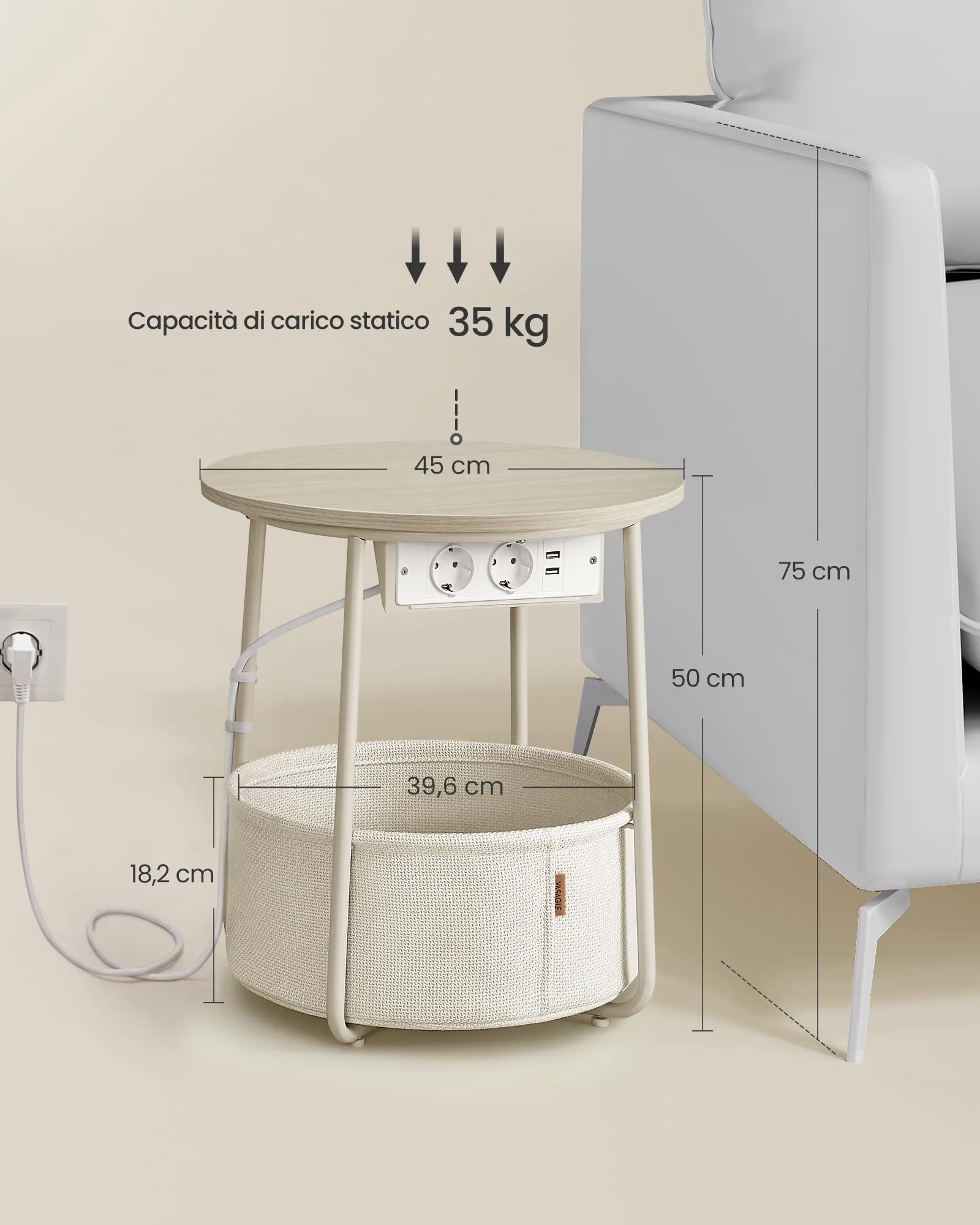 VASAGLE Lilea Tavolino Rotondo con Cestino in Tessuto e Multipresa, Beige Naturale e Bianco Crema LET228LL01 - immagine 4