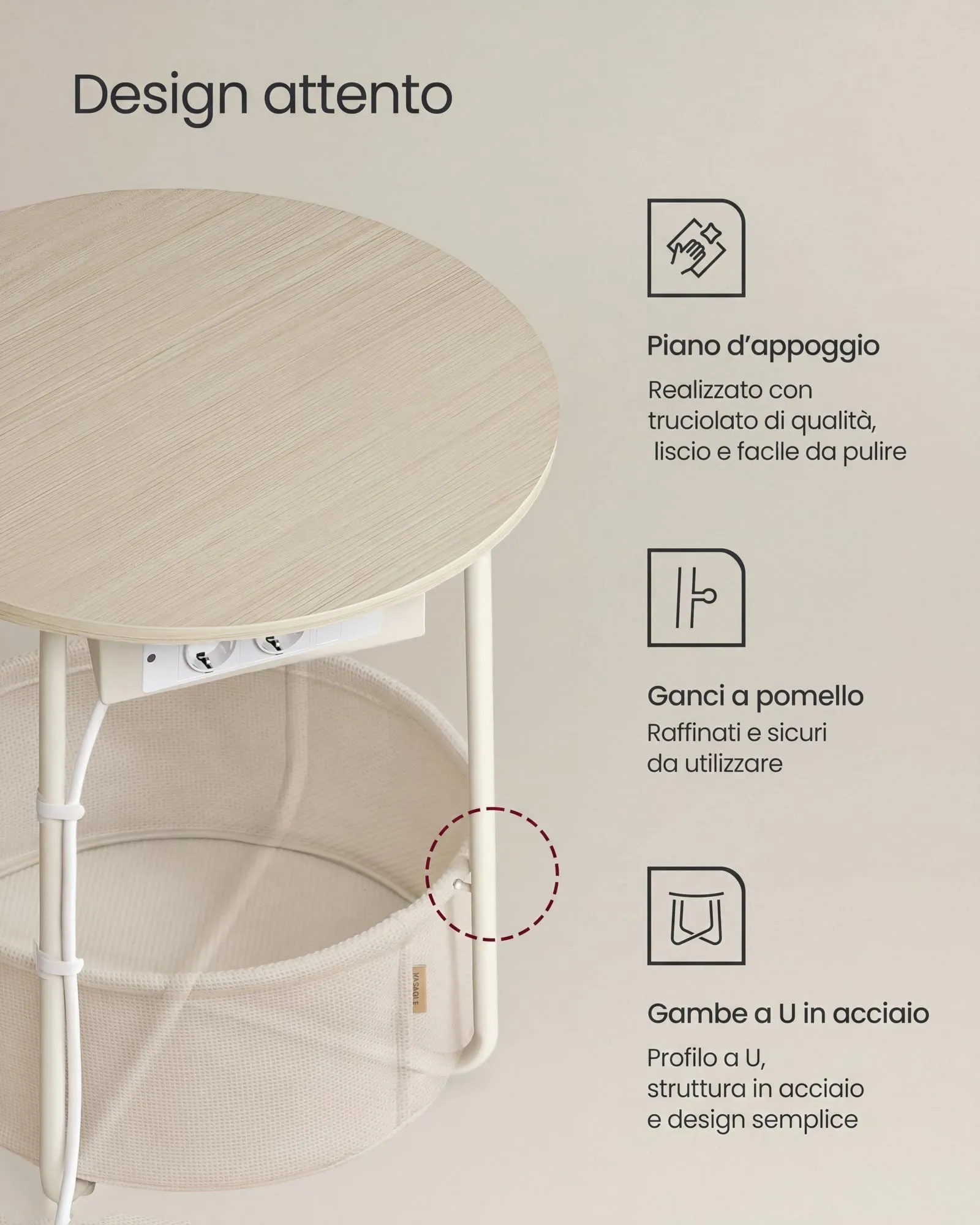 VASAGLE Lilea Tavolino Rotondo con Cestino in Tessuto e Multipresa, Beige Naturale e Bianco Crema LET228LL01 - immagine 5