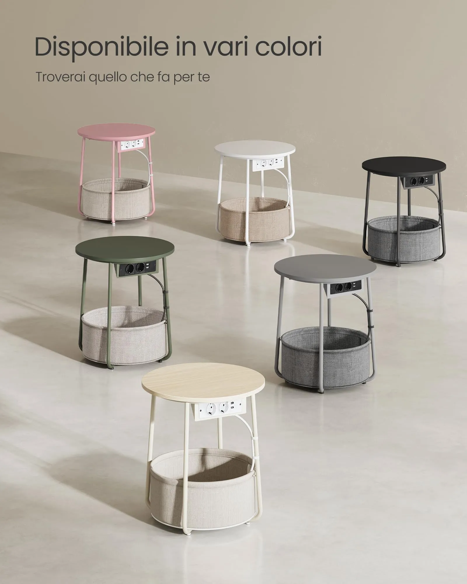 VASAGLE Lilea Tavolino Rotondo con Cestino in Tessuto e Multipresa, Beige Naturale e Bianco Crema LET228LL01 - immagine 7