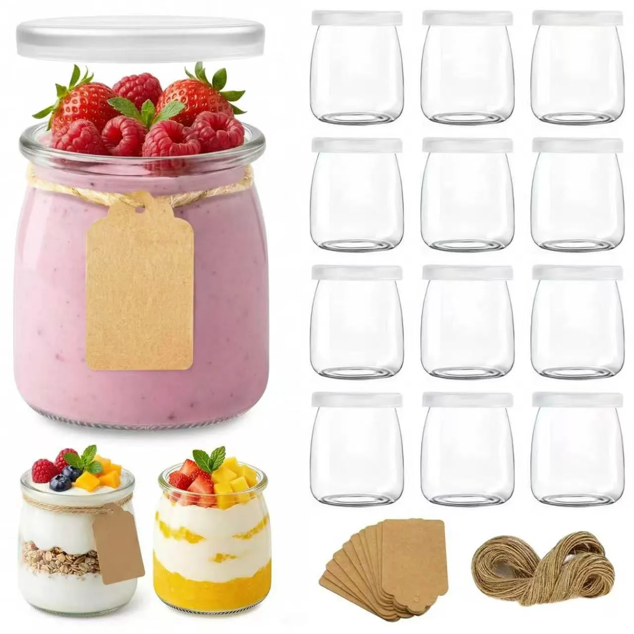 Hbazzor Vasetti per Yogurt in Vetro con Coperchio, 200ml, 12 Pezzi, Trasparente - immagine 1