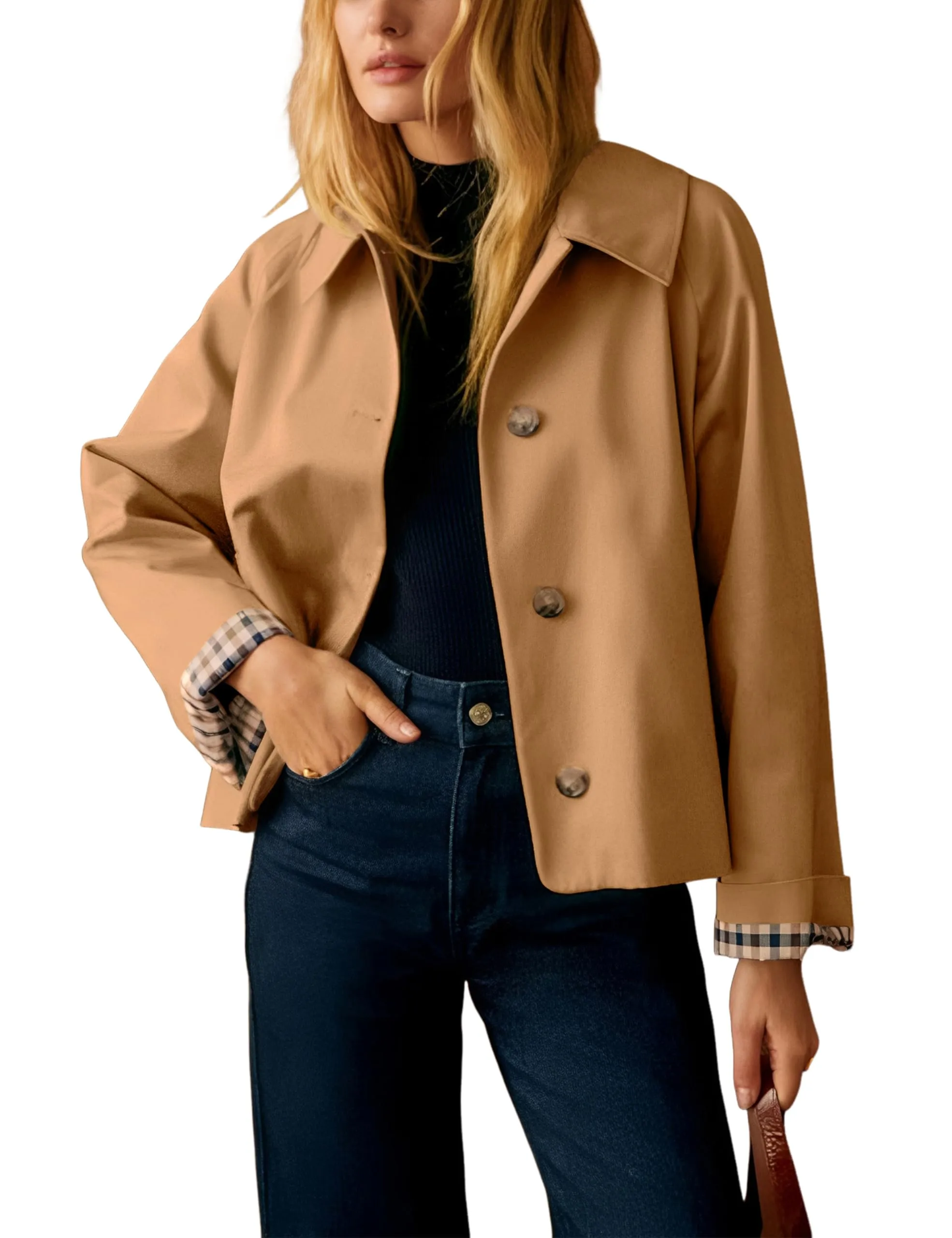 Dqbeng Giacca Corta da Donna in Stile Trench, Cammello, XL - immagine 1