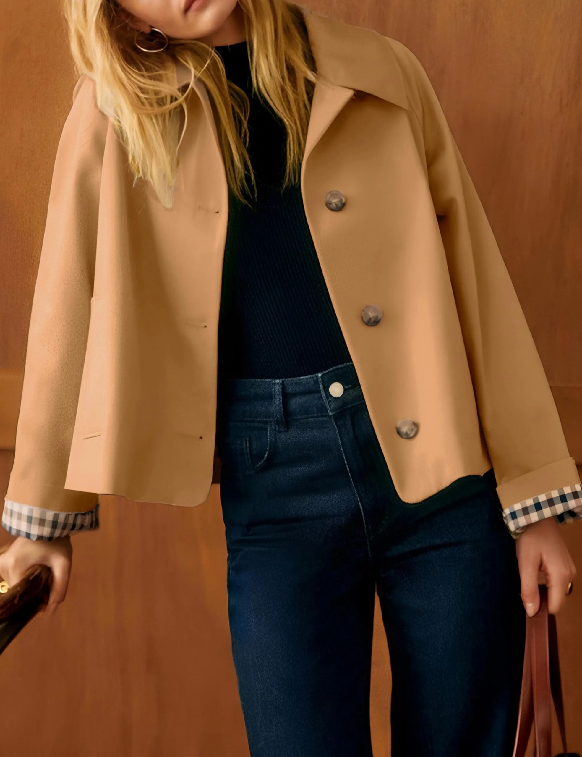 Dqbeng Giacca Corta da Donna in Stile Trench, Cammello, XL - immagine 2