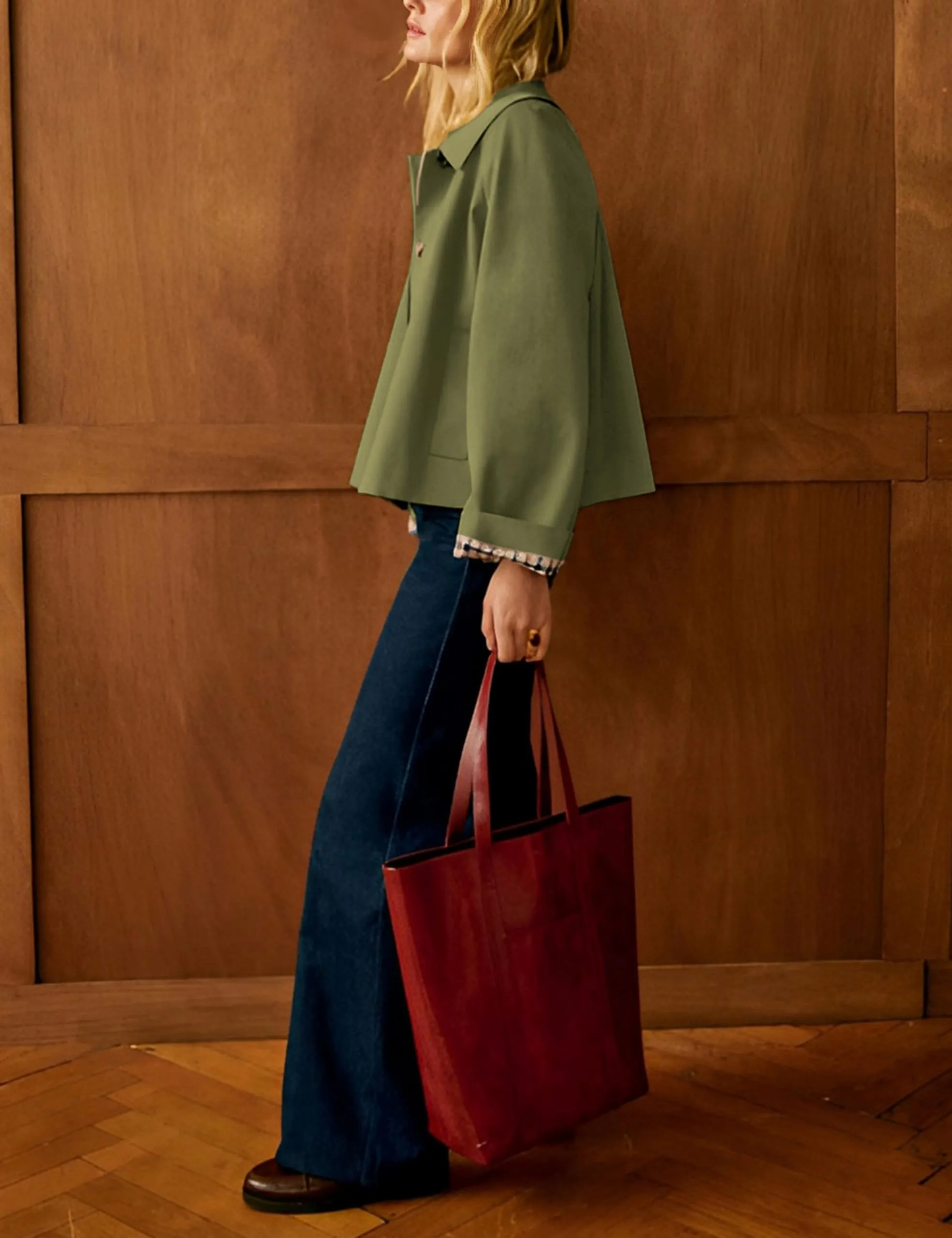 Dqbeng Giacca corta da donna in stile trench, Verde oliva, M - immagine 4