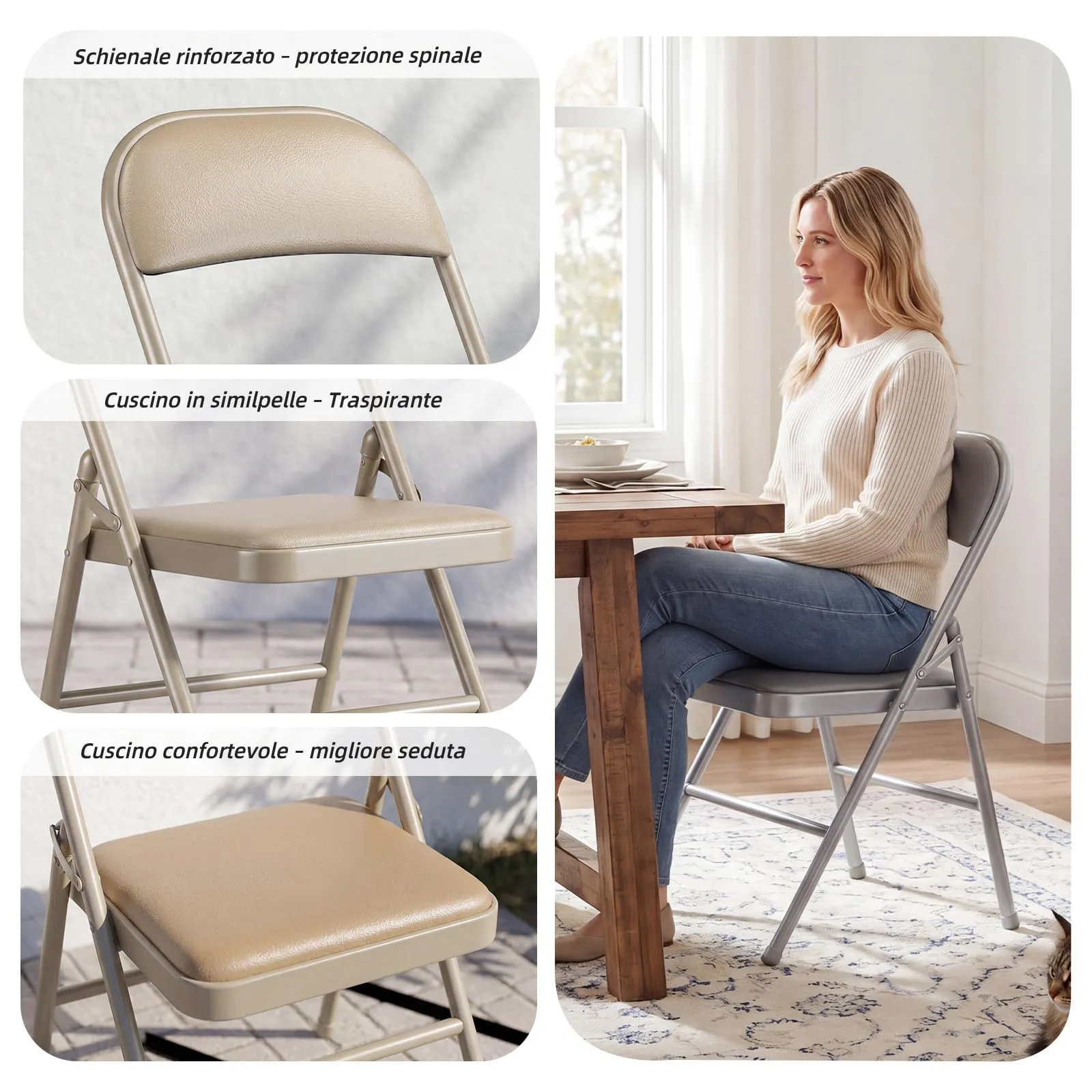 Asdsed Set di 6 Sedie Pieghevoli Imbottite, Portata 160 kg, Cachi - immagine 3