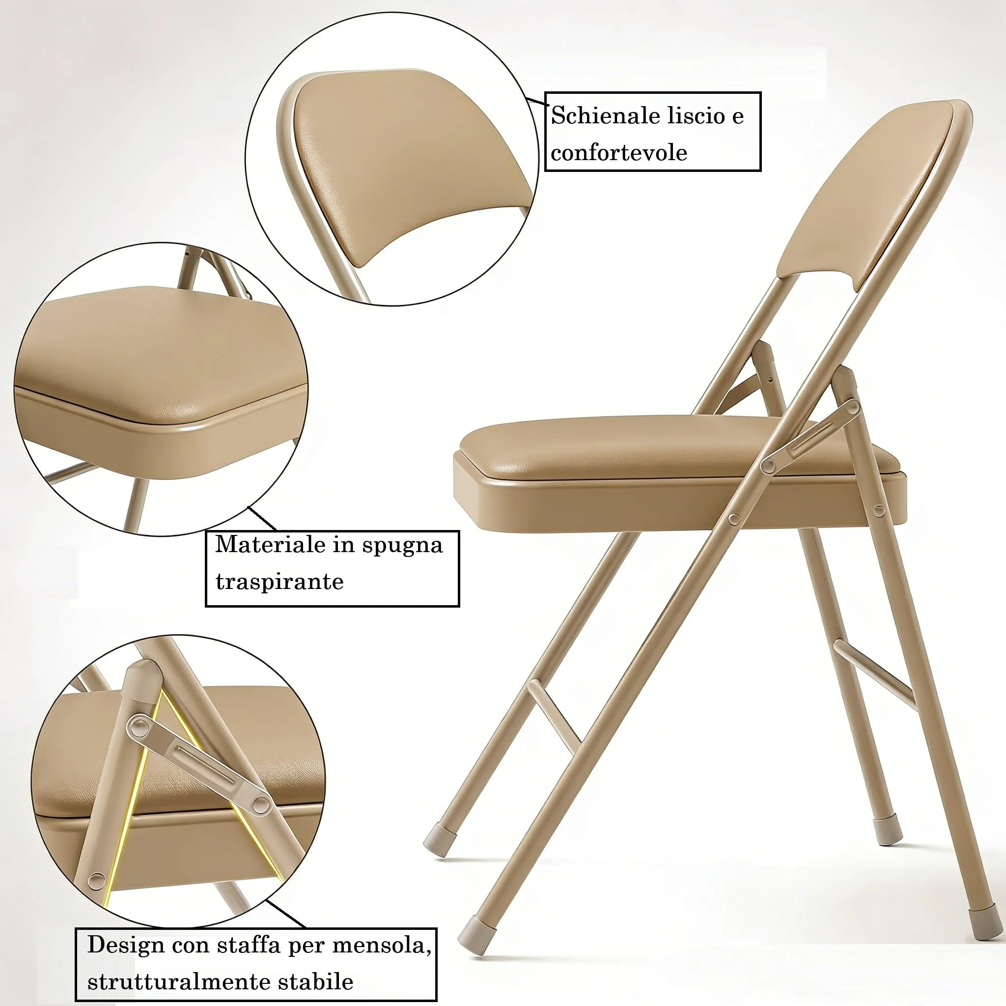 Asdsed Set di 4 Sedie Pieghevoli Imbottite, Portata 160 kg, Cachi - immagine 4