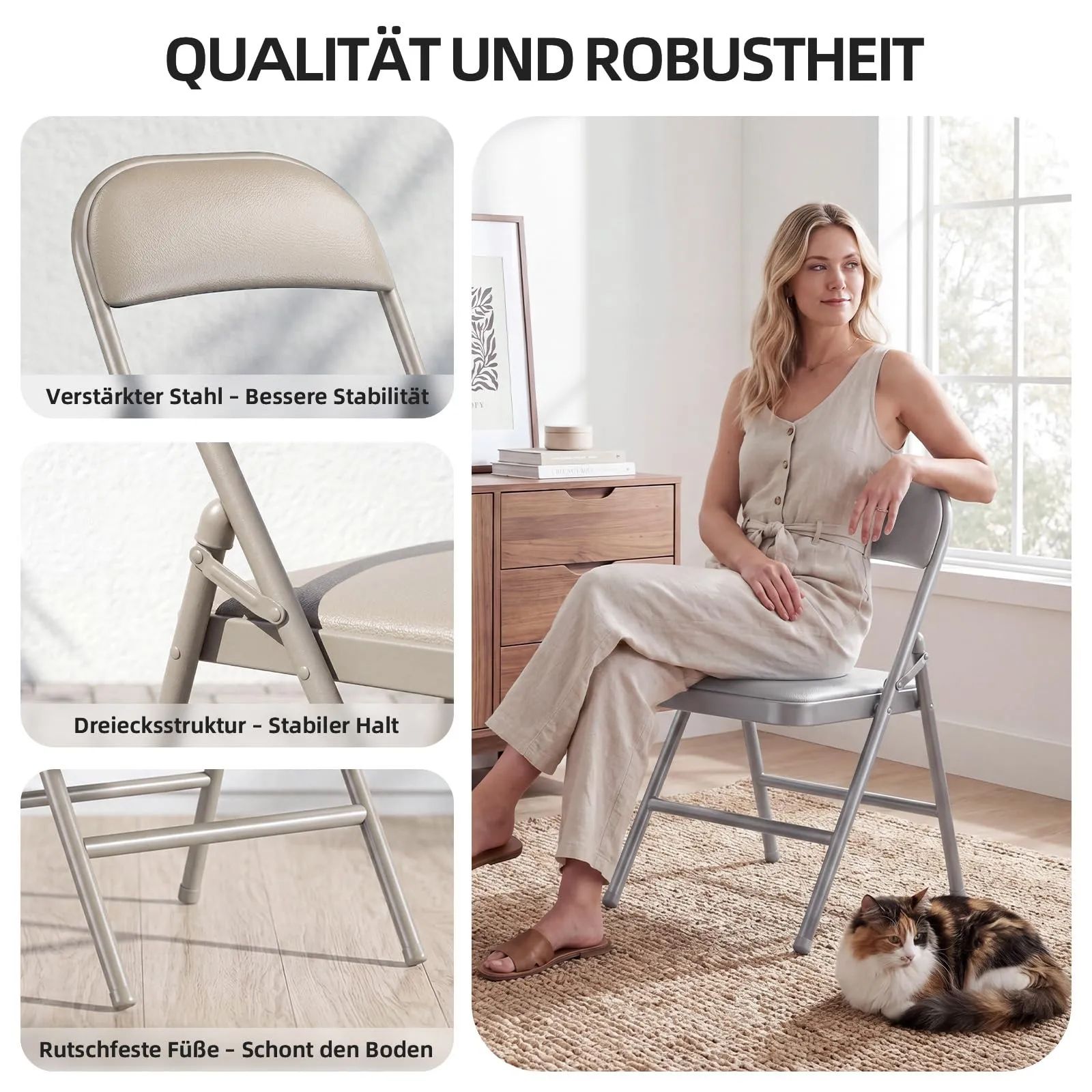 Asdsed Set di 4 Sedie Pieghevoli Imbottite, Portata 160 kg, Cachi - immagine 5