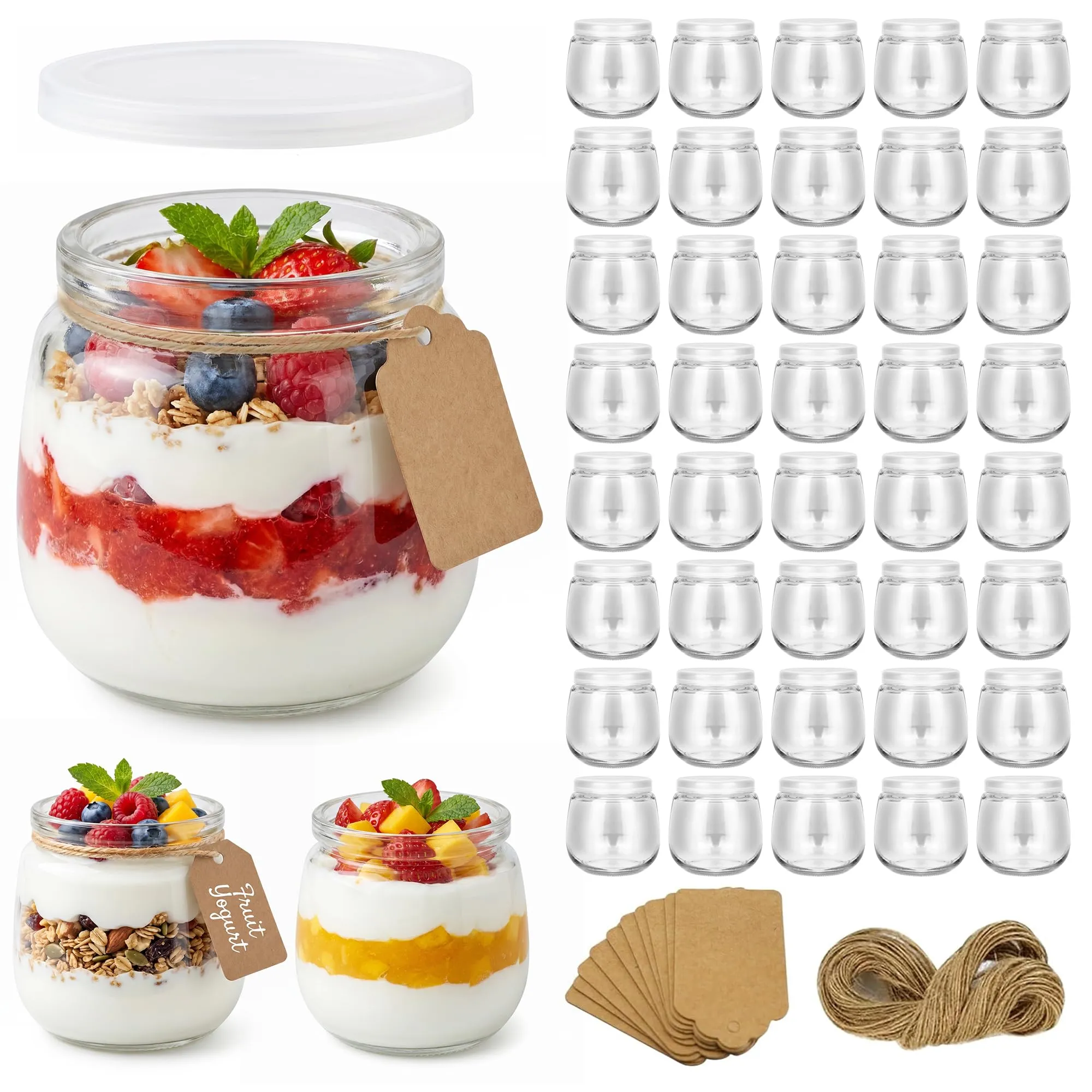 Hbazzor Vasetti per yogurt in vetro con coperchio, 200ml, 40 pezzi - immagine 1