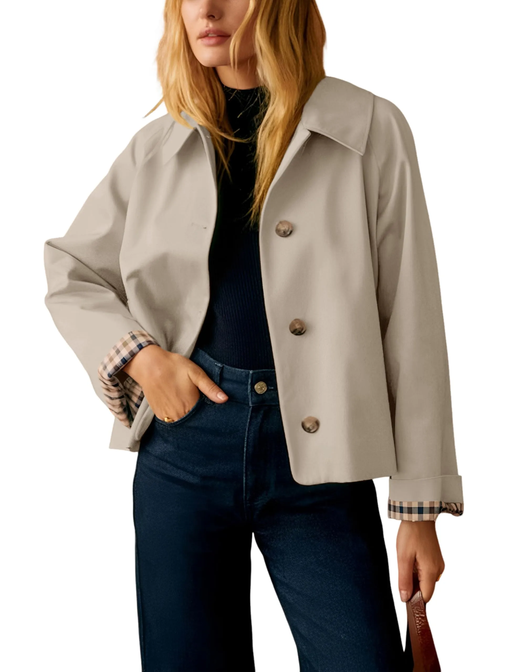 Dqbeng Giacca Corta da Donna in Stile Trench, Beige Chiaro, Small - immagine 1