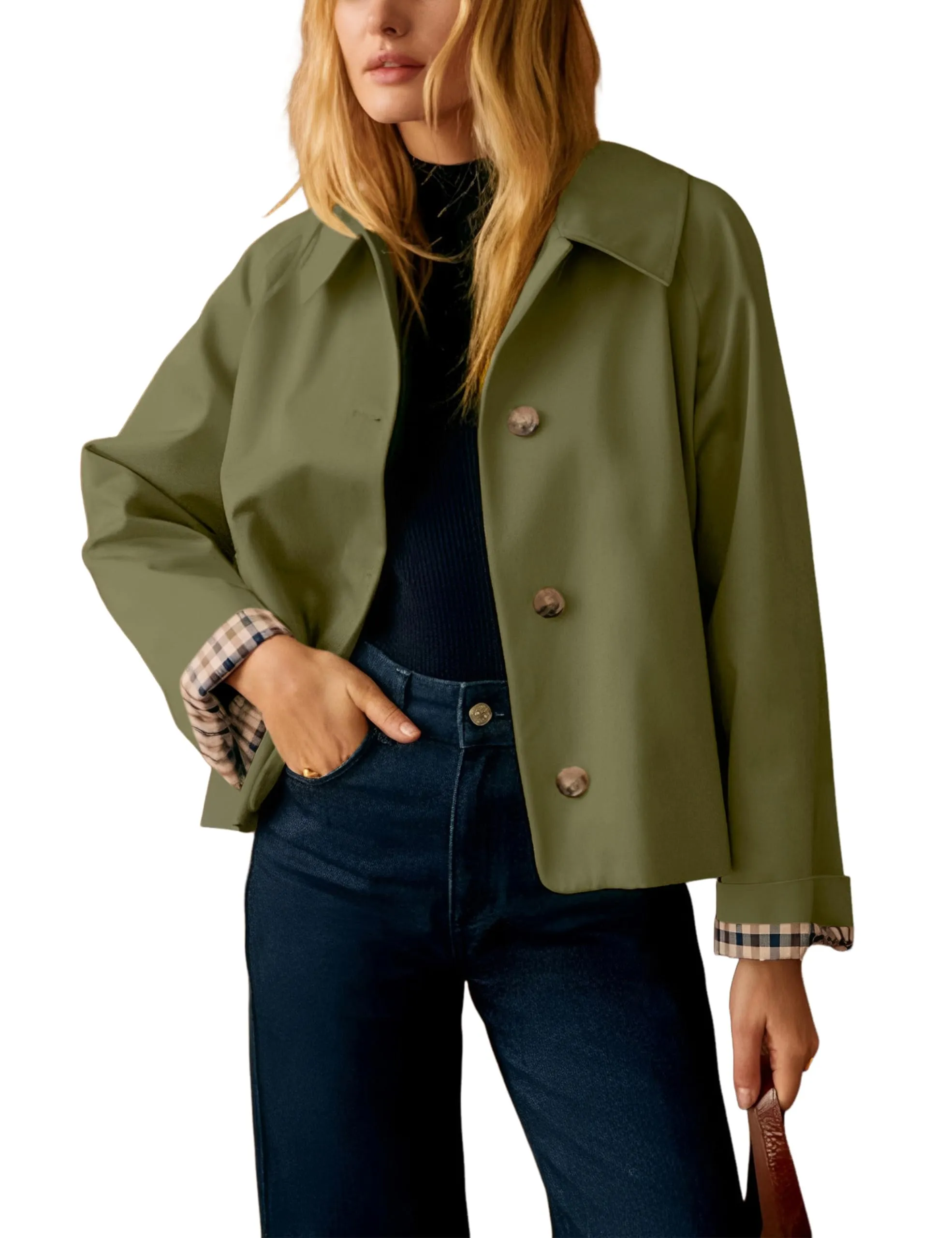Dqbeng Giacca corta da donna in stile trench, Verde oliva, Small - immagine 1