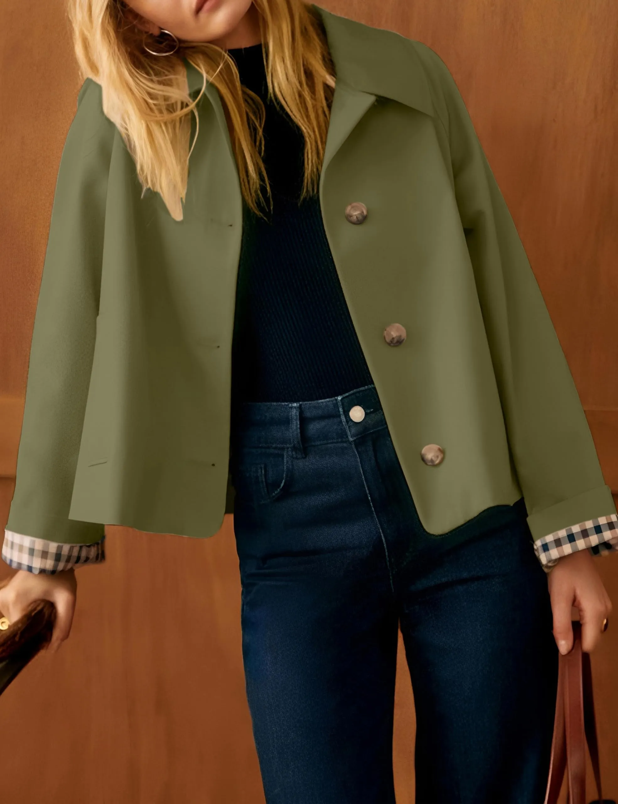 Dqbeng Giacca corta da donna in stile trench, Verde oliva, Small - immagine 2