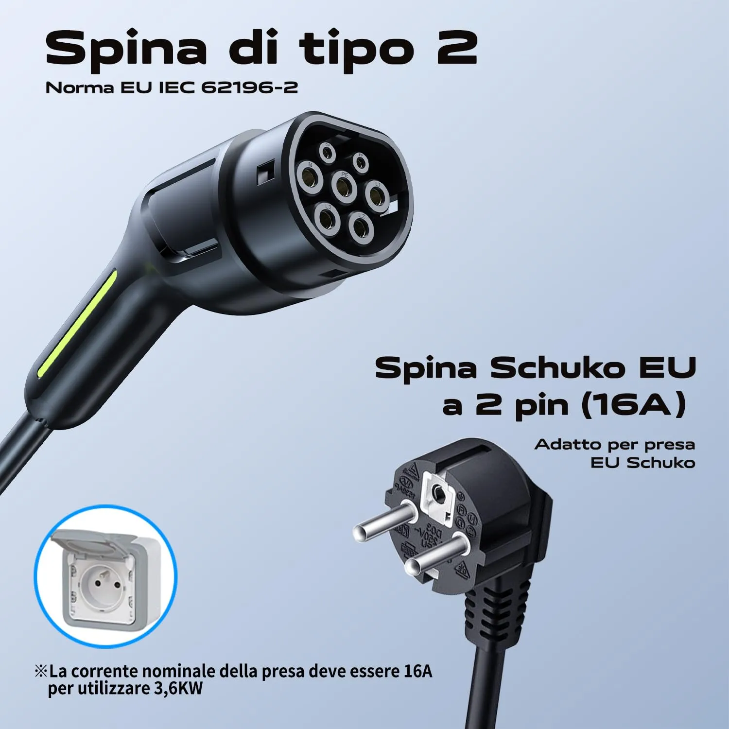 VDLPOWEREU Cavo Ricarica Auto Elettrica Tipo 2, 3.6 kW 16A, 5M, Presa Schuko EU, IP65 (IEC 62196-2) - immagine 5