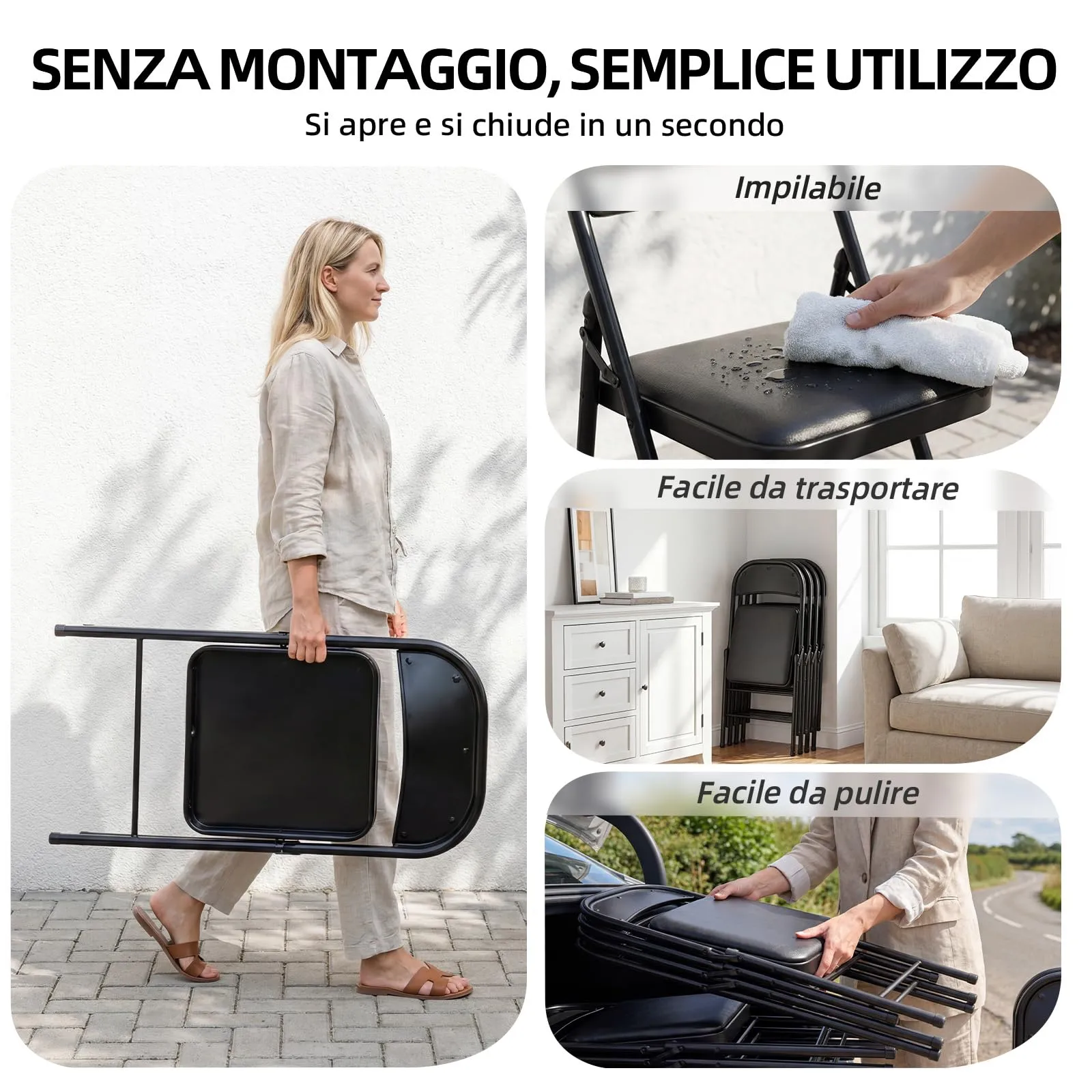 Asdsed Set di 4 Sedie Pieghevoli Imbottite, Portata 160 kg, Nero - immagine 5