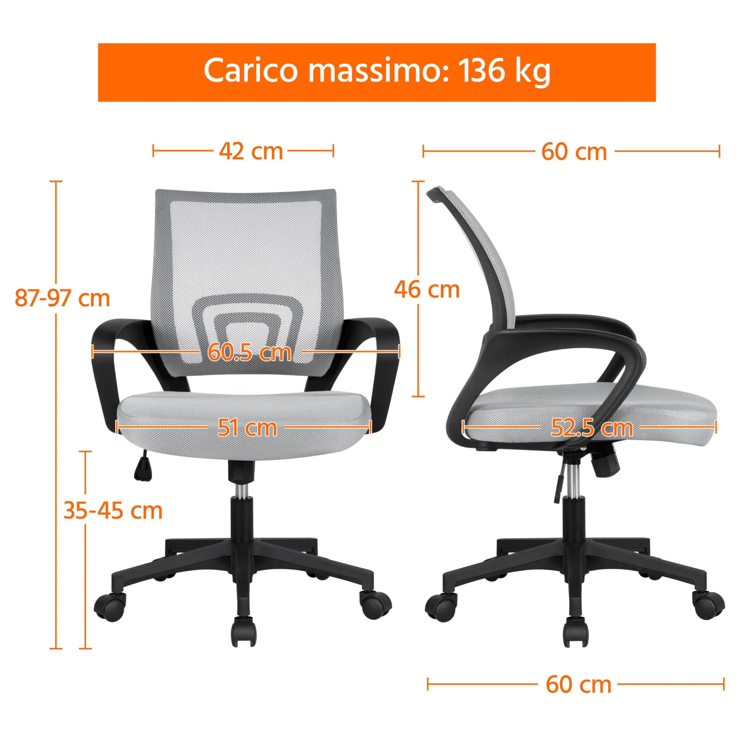 Soberine Sedia da Ufficio Ergonomica con Braccioli, Supporto Lombare, Altezza Regolabile e Rete Traspirante, Portata 136 kg, Grigio Chiaro - immagine 3