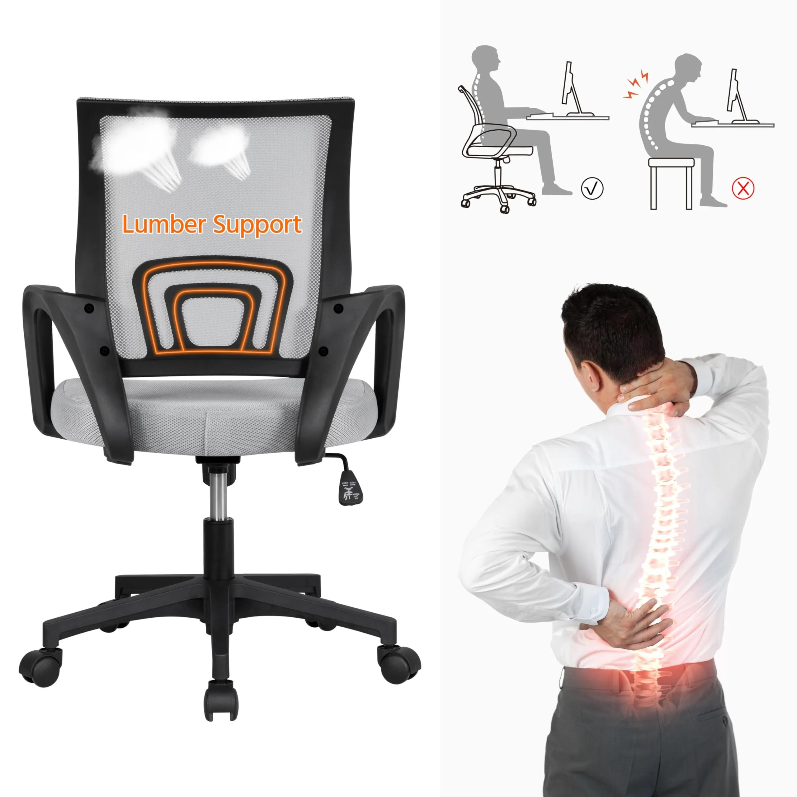 Soberine Sedia da Ufficio Ergonomica con Braccioli, Supporto Lombare, Altezza Regolabile e Rete Traspirante, Portata 136 kg, Grigio Chiaro - immagine 4