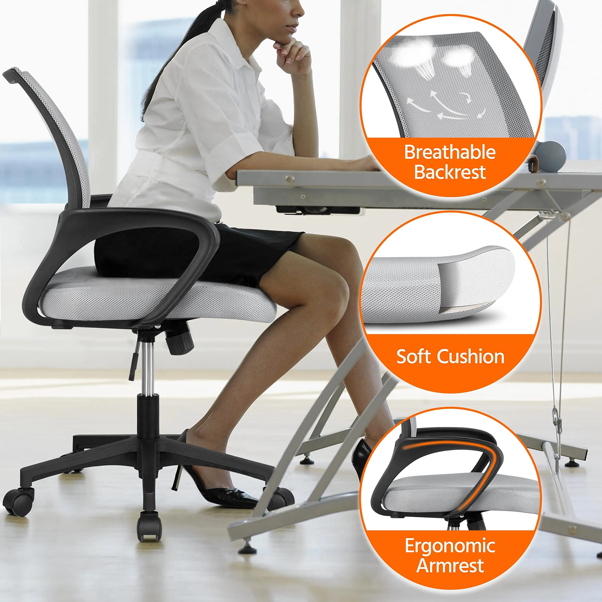 Soberine Sedia da Ufficio Ergonomica con Braccioli, Supporto Lombare, Altezza Regolabile e Rete Traspirante, Portata 136 kg, Grigio Chiaro - immagine 5