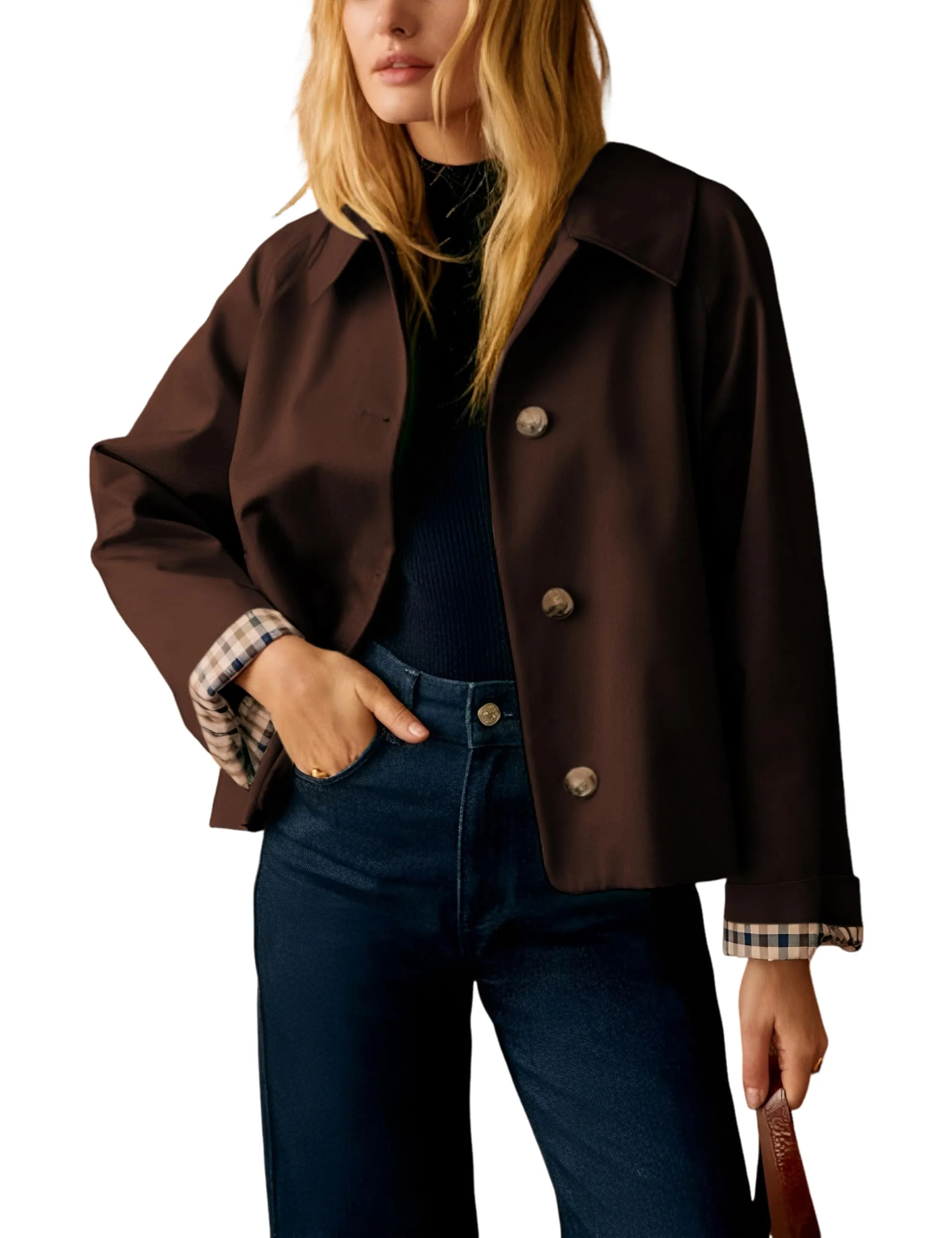 Dqbeng Giacca Corta Donna in Stile Trench con Fodera a Scacchi, Marrone, M - immagine 1