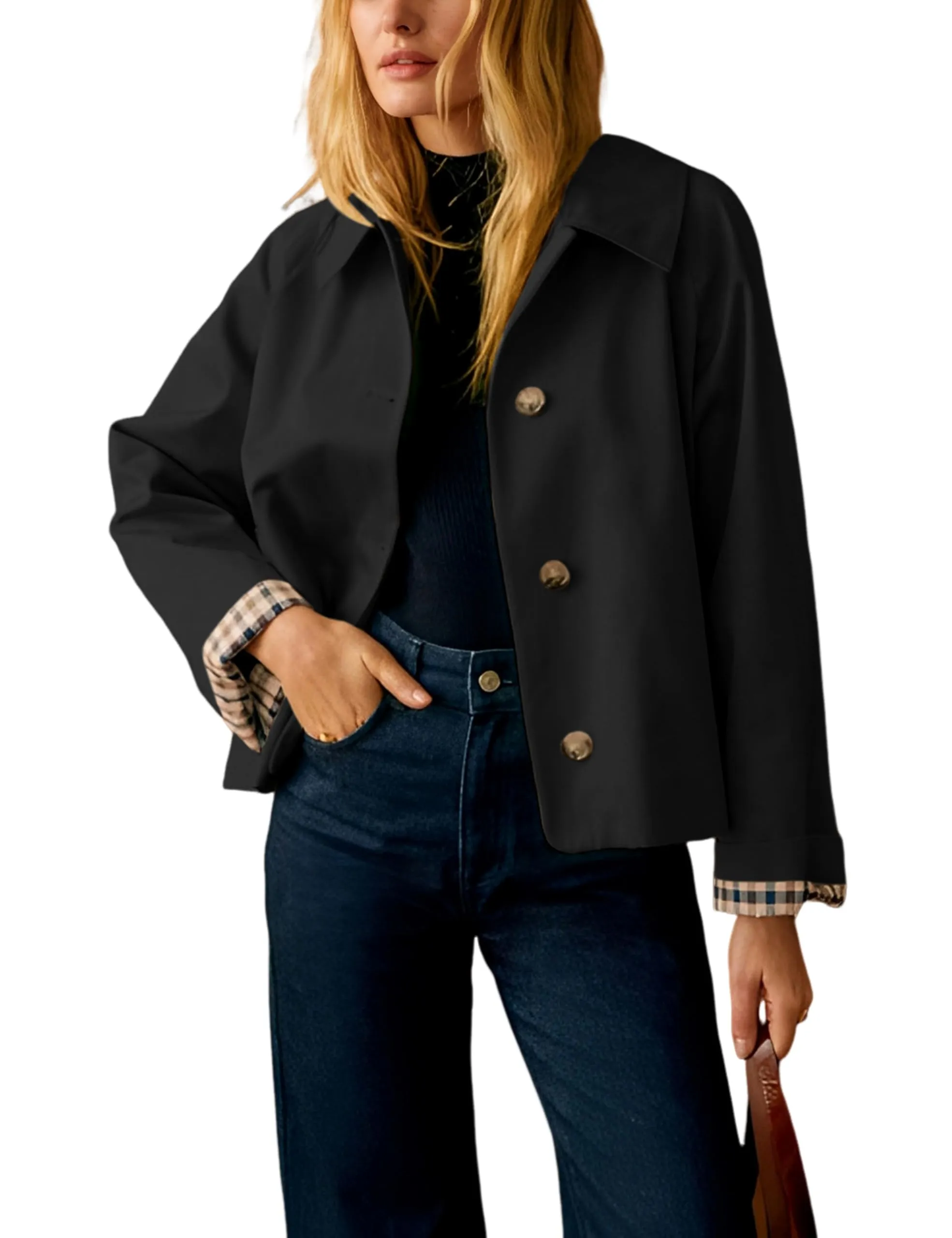 Dqbeng Giacca corta da donna in stile trench con fodera a scacchi, Nero, S - immagine 1
