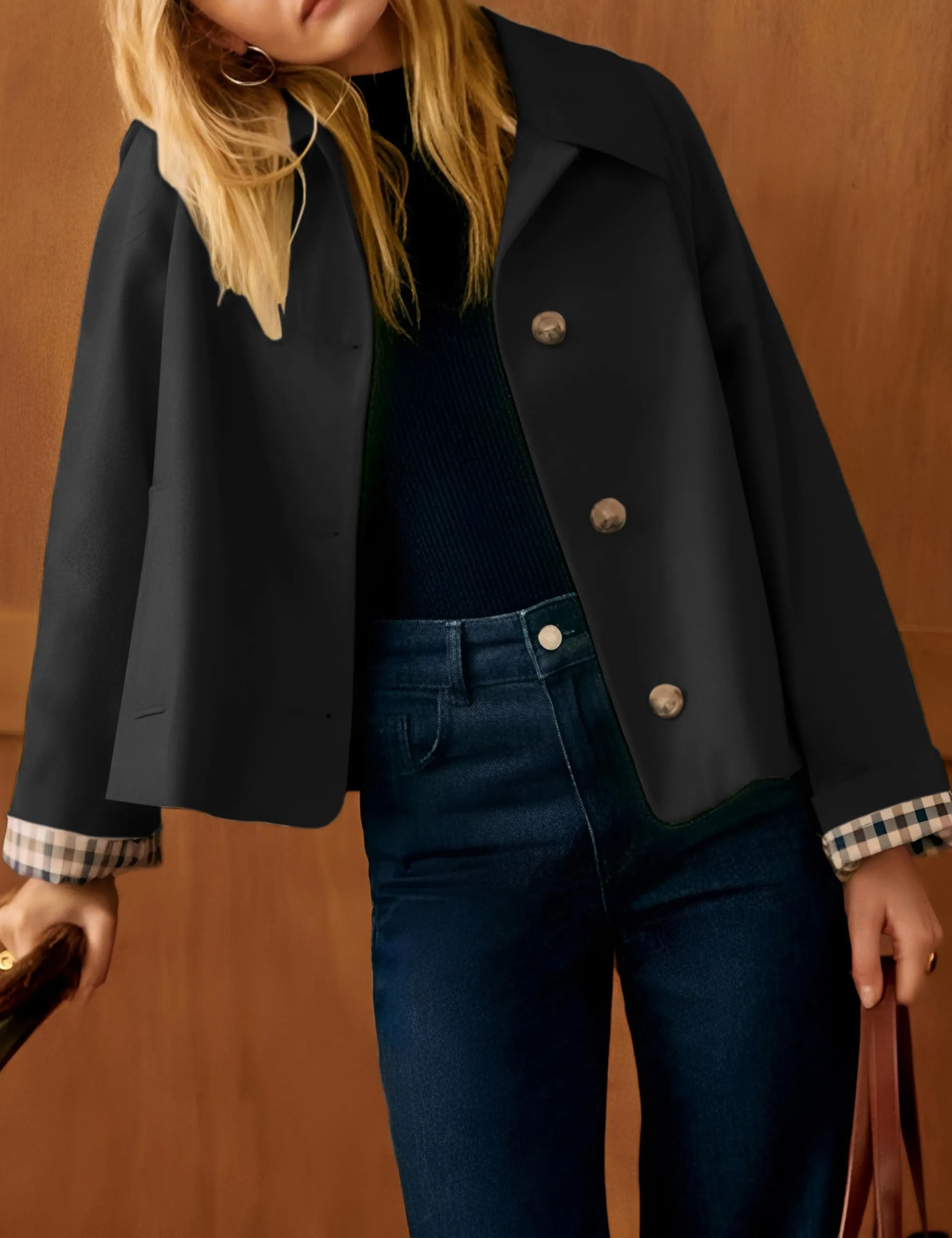 Dqbeng Giacca corta da donna in stile trench con fodera a scacchi, Nero, S - immagine 2