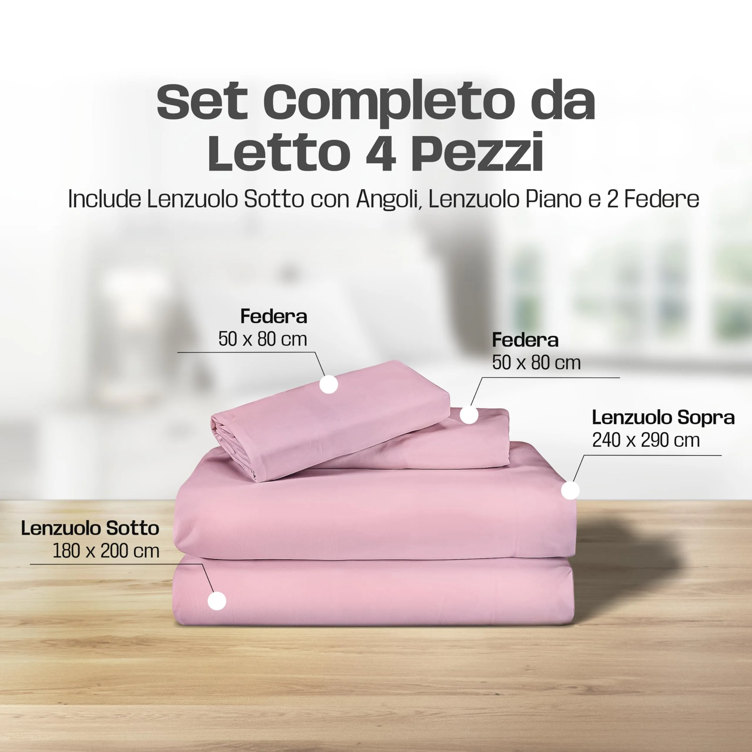 Narciso Lenzuola Matrimoniali 100% Cotone Made in Italy, Completo Letto con Lenzuolo Sotto con Angoli 180x200, Lenzuolo Sopra 240x290 e 2 Federe 50x80cm (Rosa Chiaro) - immagine 2
