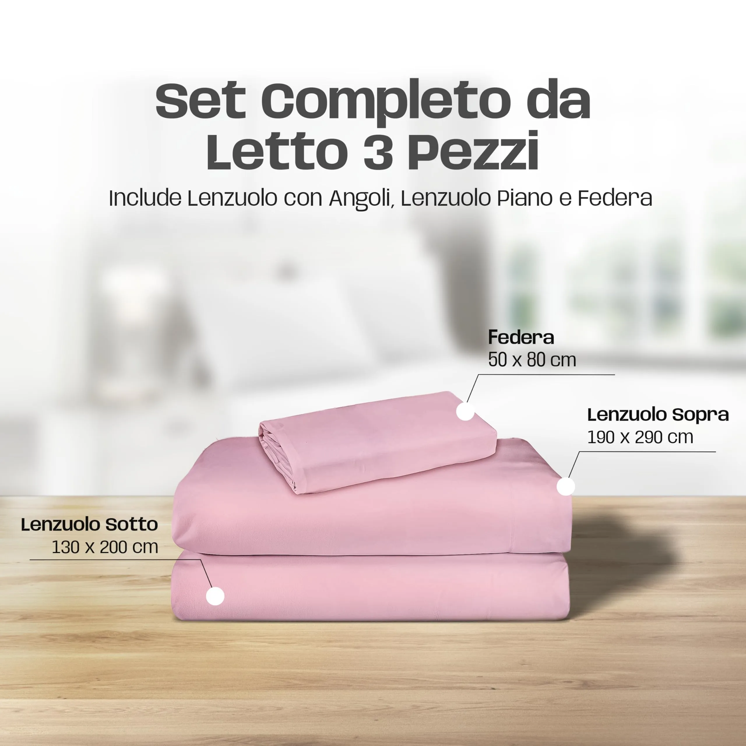 Narciso Lenzuola Una Piazza e Mezza 100% Cotone Made in Italy, Completo Letto con Lenzuolo Sotto 130x200, Sopra 190x290 e Federa 50x80cm (Rosa Chiaro) - immagine 2