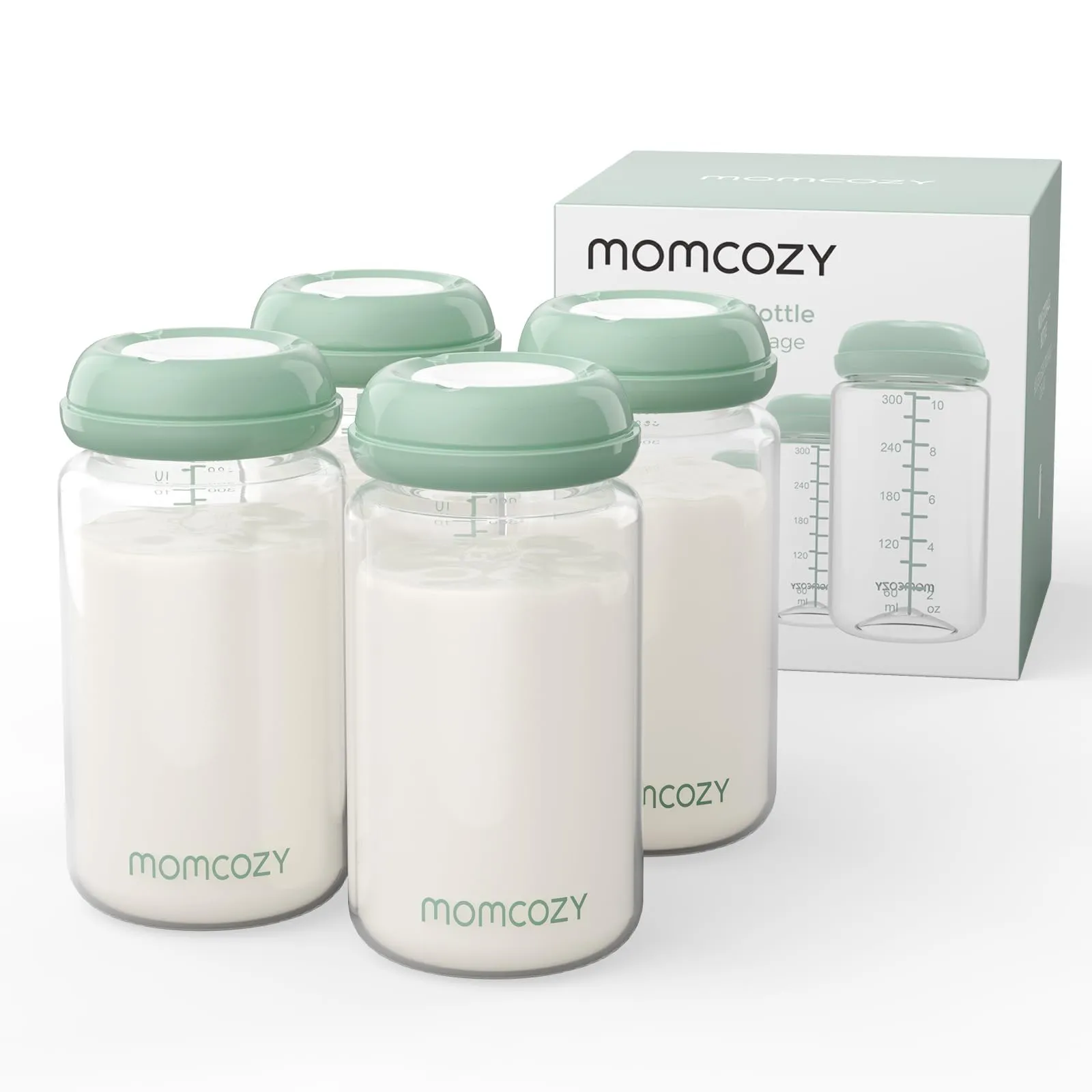 Momcozy Bottiglie Conservazione Latte Materno 300 ml Collo Largo, 4 Pezzi - immagine 1